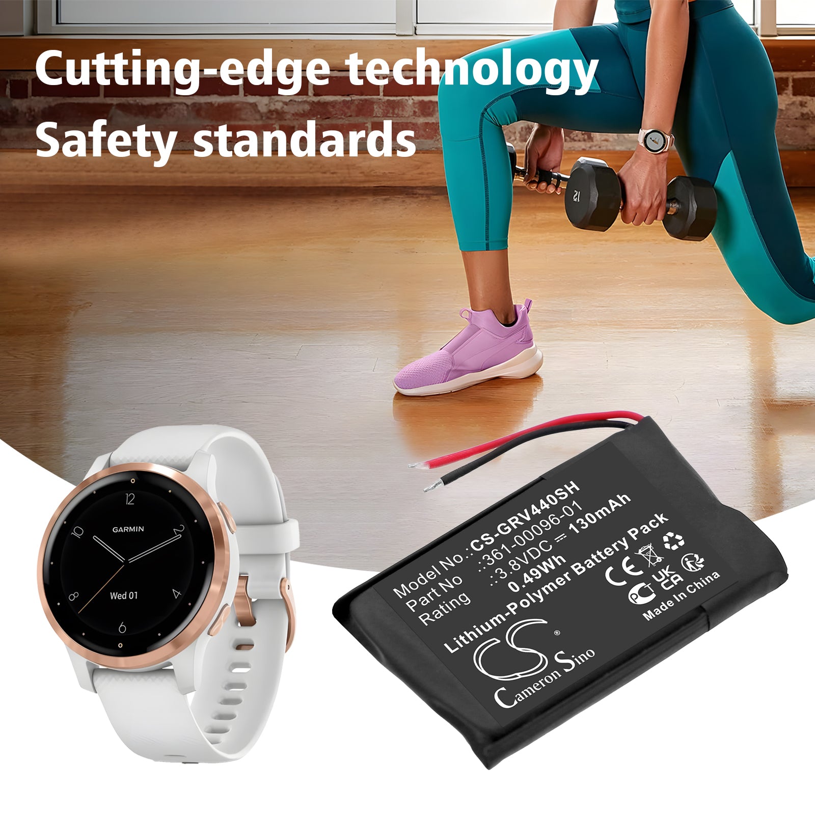 3.8V, Li-Polymer, 130mAh, Battery fits Garmin vivoactive 4S 40mm, 0.49Wh Smartwatch Cameron Sino Technology Limited