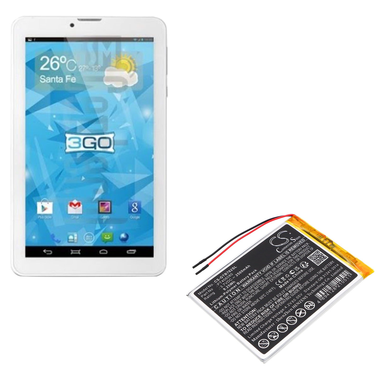 Li-Polymer, Tablet Battery fits 3go Geotab 7, Gt7002, 3.7V, 2500mAh Tablet Cameron Sino Technology Limited