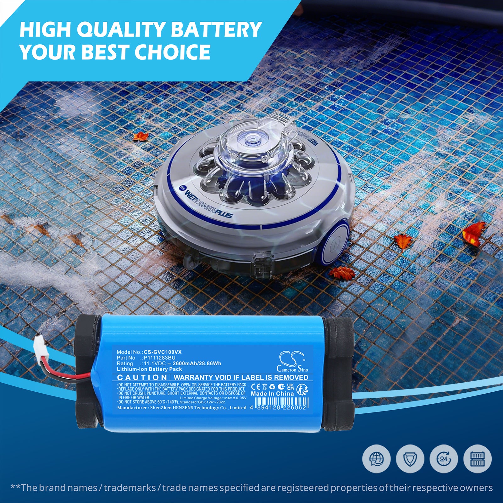 11.1V, Li-ion, 2600mAh, Battery fits GRE Electric Vac VCB10, Wet Runner RBR120, 28.86Wh Robotic Pool Cleaner Cameron Sino Technology Limited