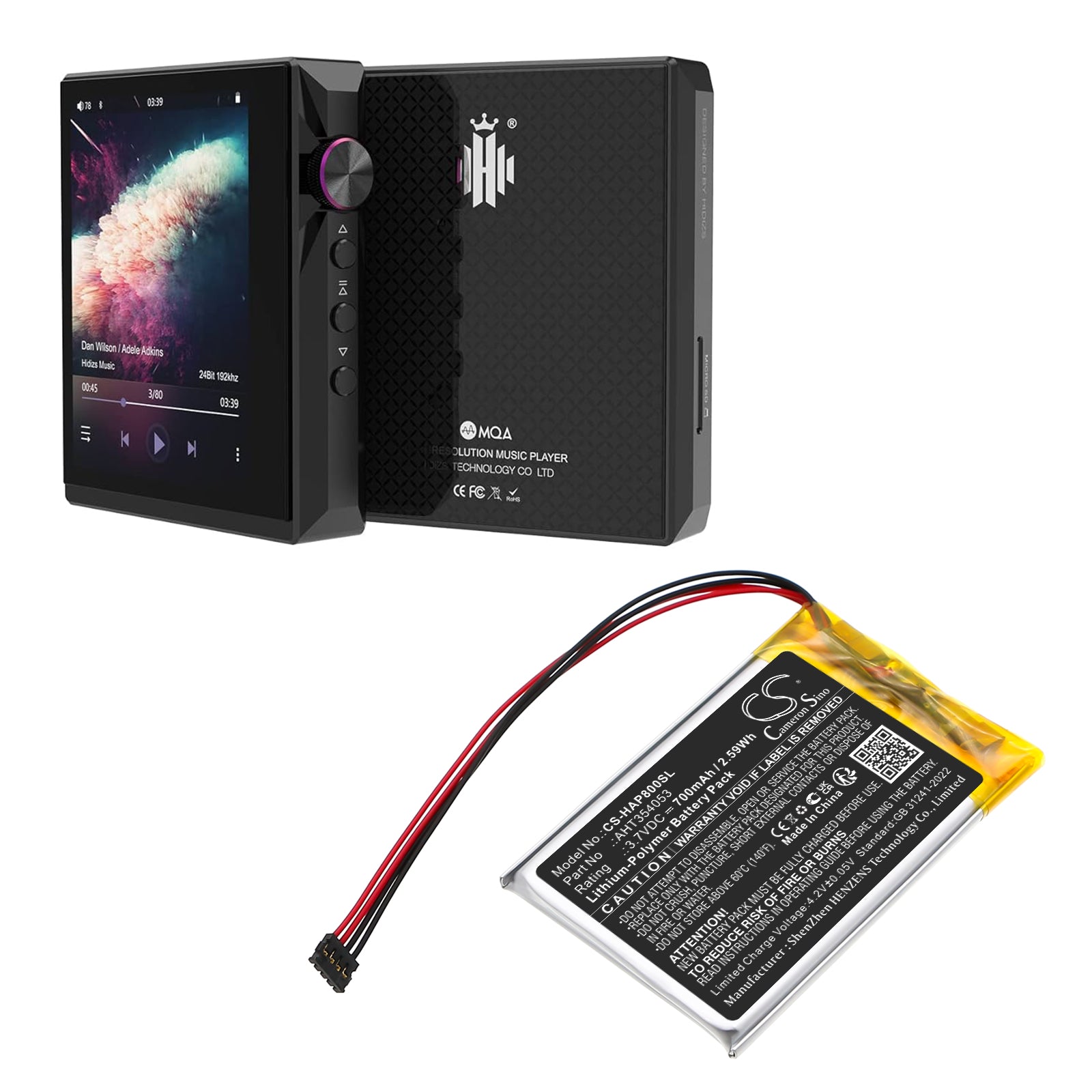 3.7V, Li-Polymer, 700mAh, Battery fits Hidizs AP80, 2.59Wh Amplifier Cameron Sino Technology Limited
