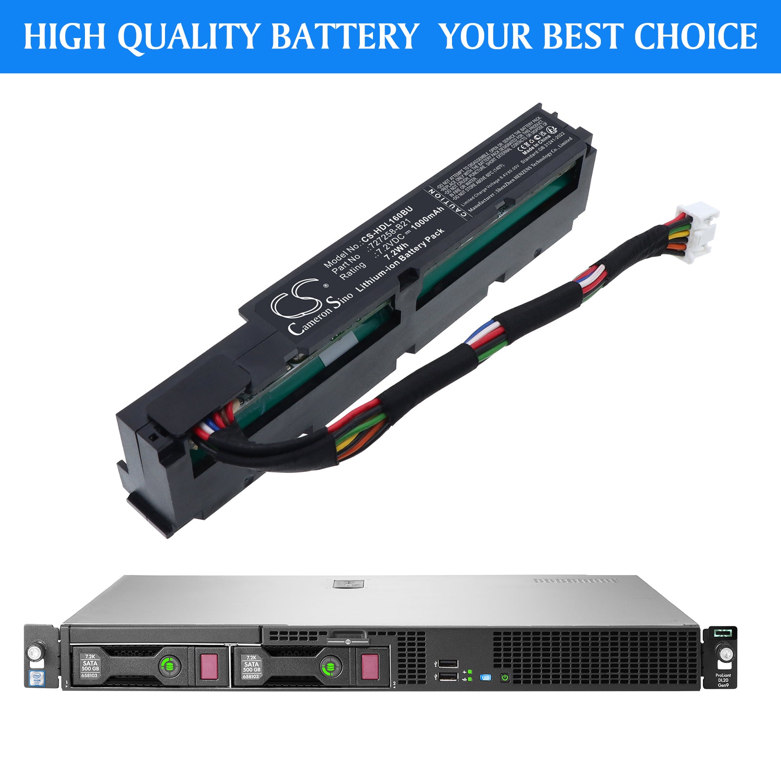 7.2V, Li-ion, 1000mAh, Battery fits HP 96W Smart Storage Megacel, ProLiant DL20 Gen9 Server, 7.2Wh RAID Controller Cameron Sino Technology Limited