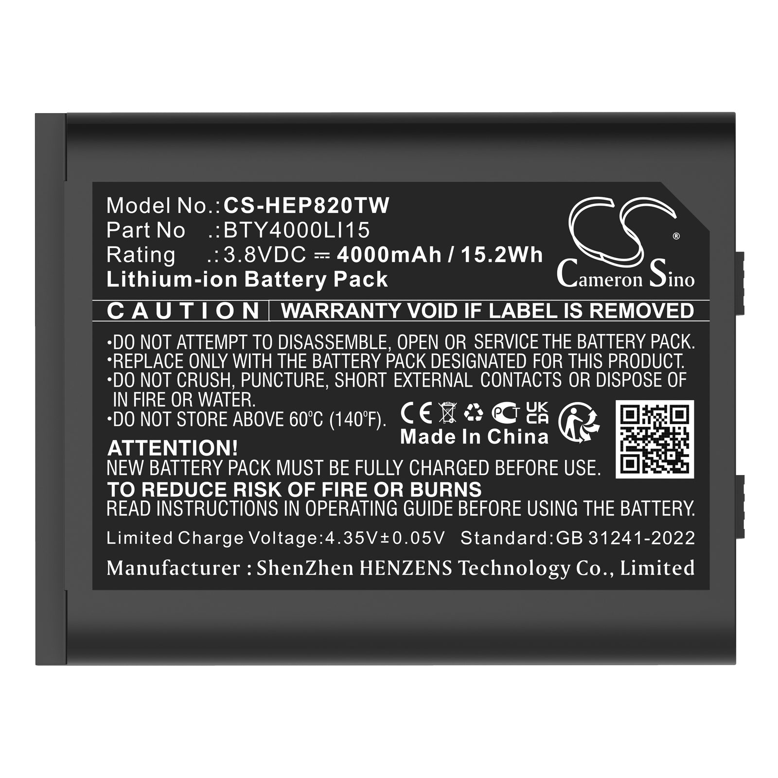 3.8V, Li-ion, 4000mAh, Battery fits TD Tech EP820, 15.2Wh Two-Way Radio Cameron Sino Technology Limited