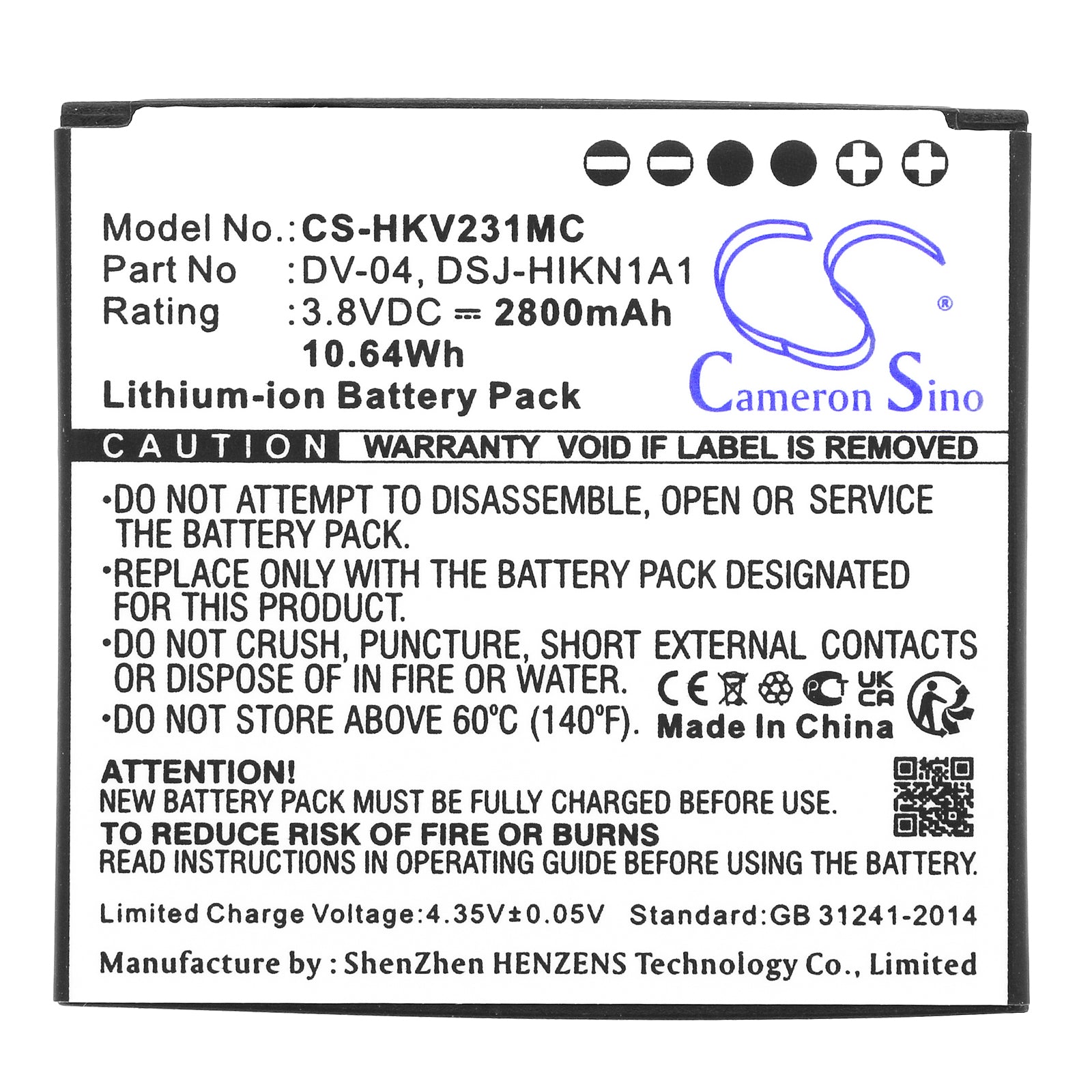 Li-ion, Body Camera Battery fits Hikvision Dsj-hikn1a1, Ds-mh1310-n1, 3.8V, 2800mAh Body Camera Cameron Sino Technology Limited