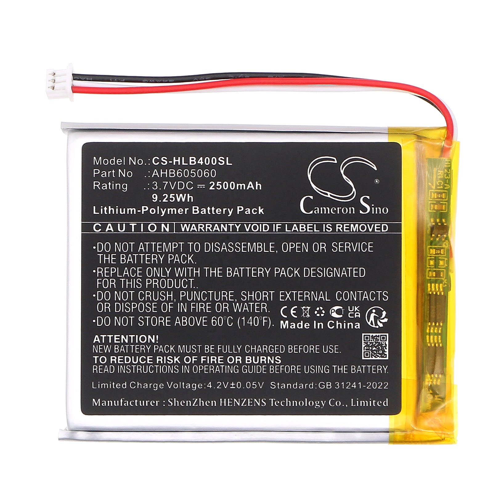 3.7V, Li-Polymer, 2500mAh, Battery fits HelloBaby HB40 Monitor, HB50 Monitor, 9.25Wh BabyPhone Cameron Sino Technology Limited