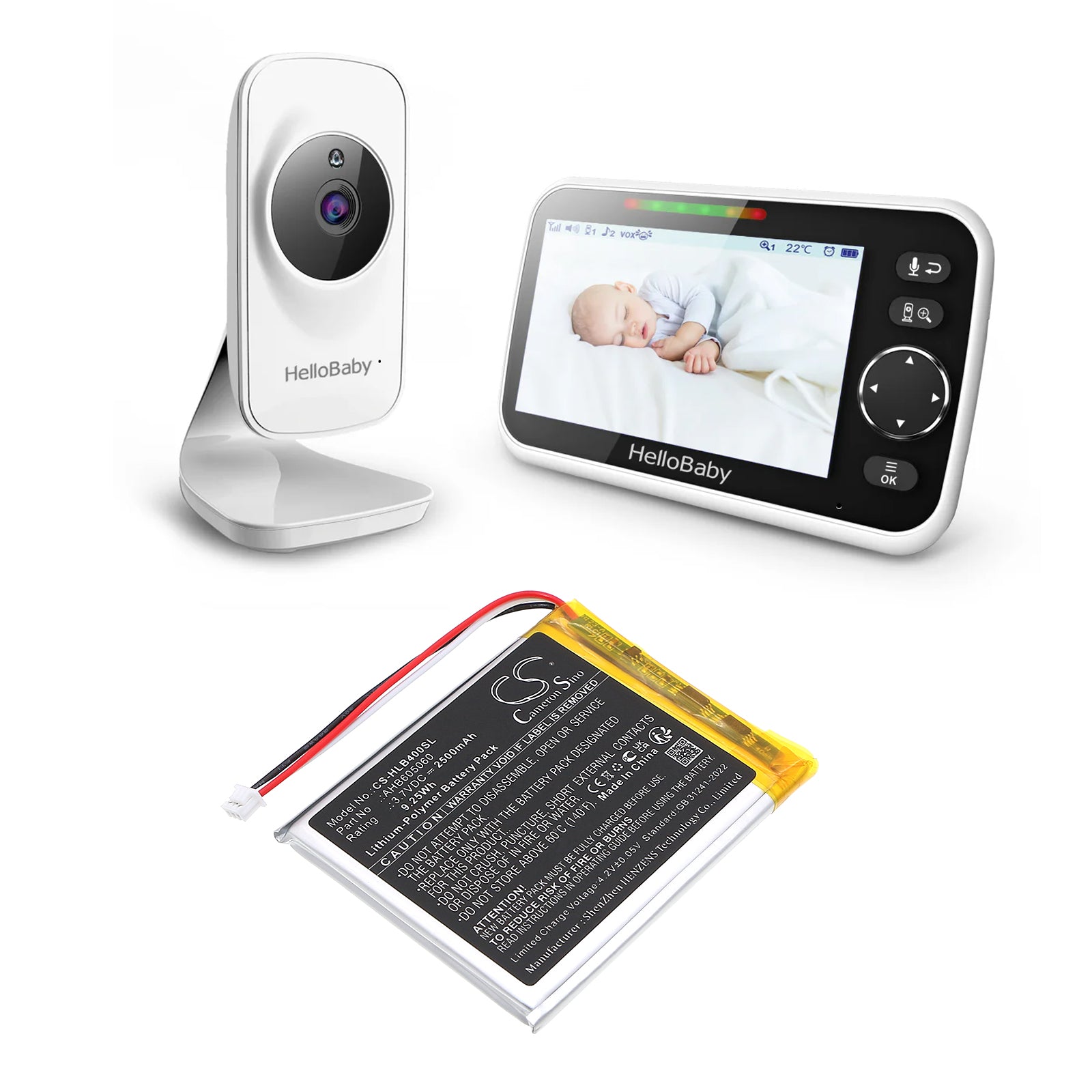 3.7V, Li-Polymer, 2500mAh, Battery fits HelloBaby HB40 Monitor, HB50 Monitor, 9.25Wh BabyPhone Cameron Sino Technology Limited