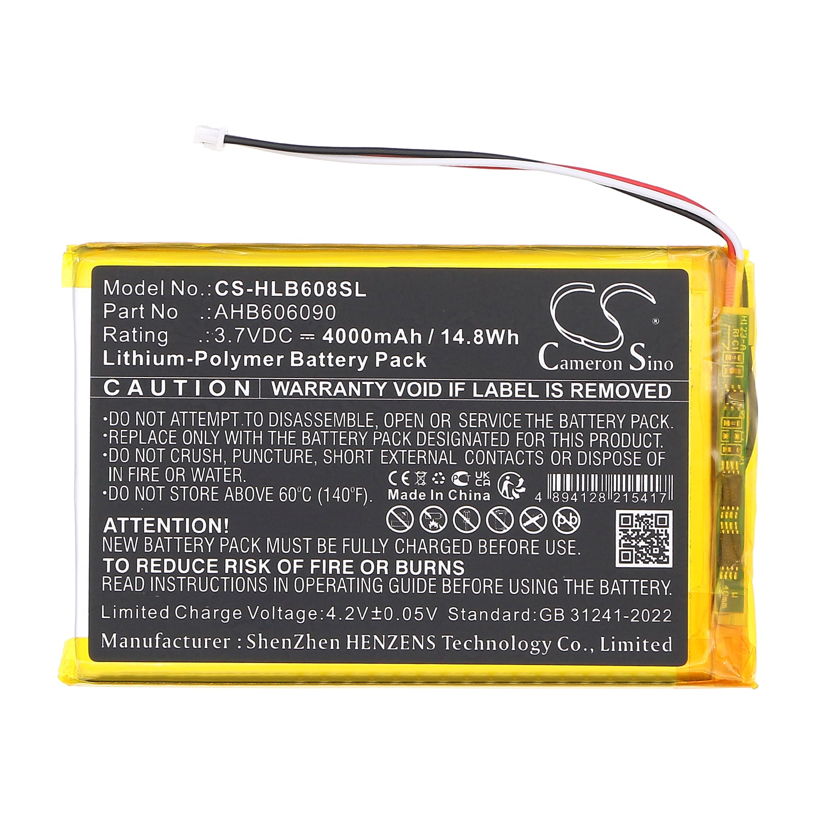 3.7V, Li-Polymer, 4000mAh, Battery fits HelloBaby HB6081 Video Baby Monitor, 14.8Wh BabyPhone Cameron Sino Technology Limited