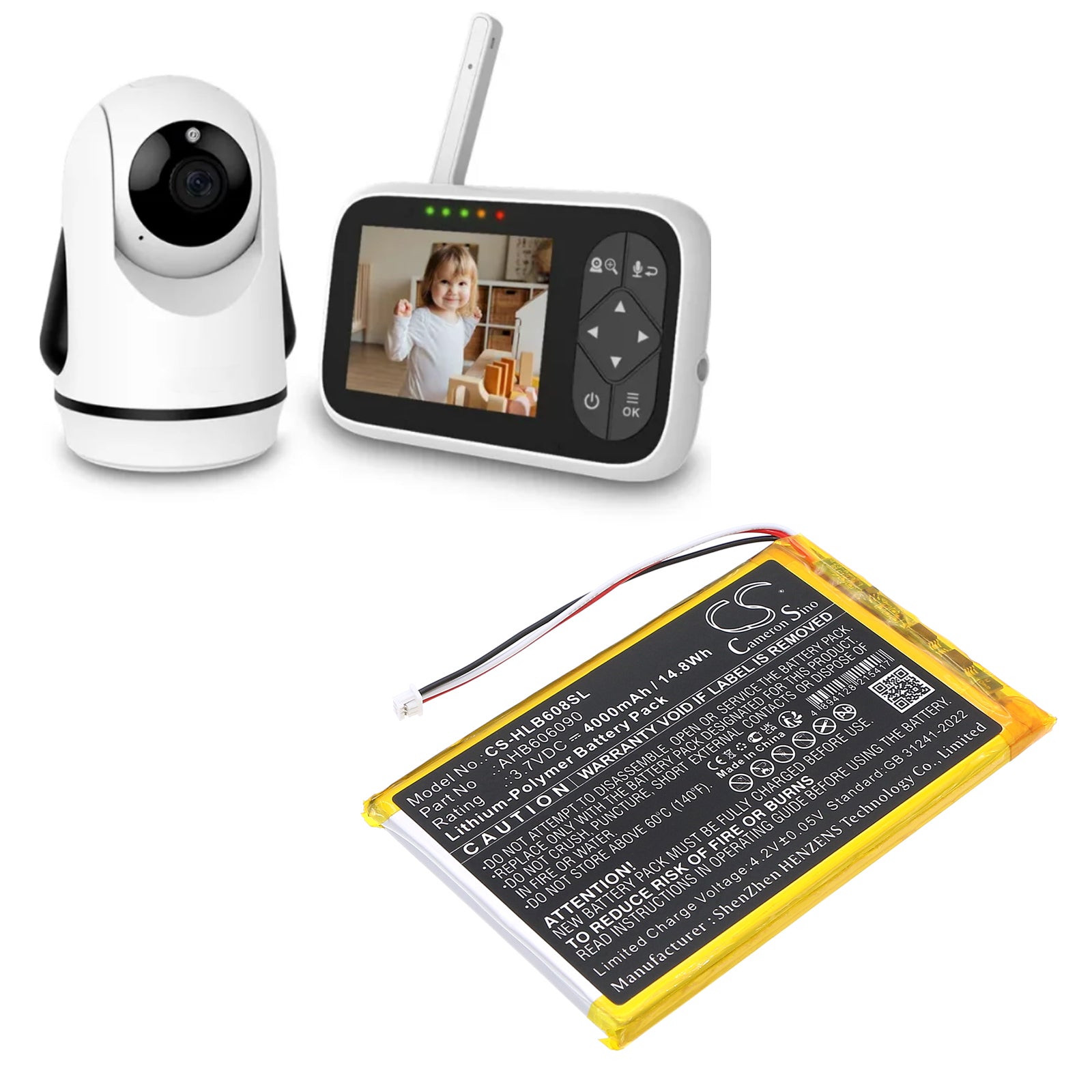 3.7V, Li-Polymer, 4000mAh, Battery fits HelloBaby HB6081 Video Baby Monitor, 14.8Wh BabyPhone Cameron Sino Technology Limited