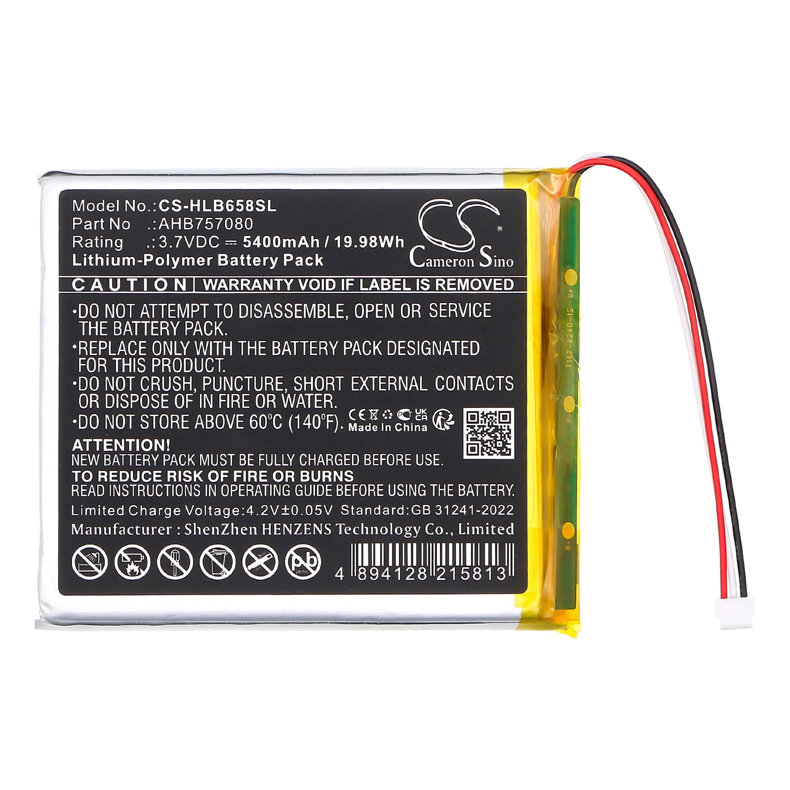 3.7V, Li-Polymer, 5400mAh, Battery fits HelloBaby HB6588 Video Baby Monitor, 19.98Wh BabyPhone Cameron Sino Technology Limited
