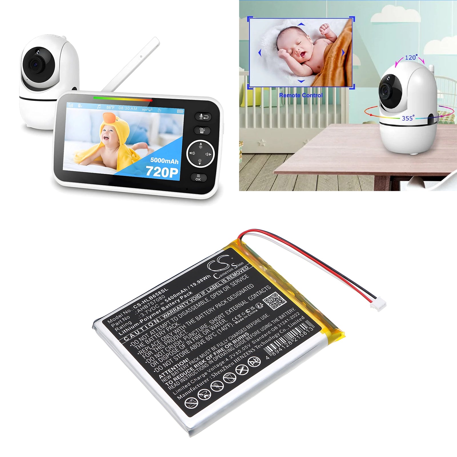 3.7V, Li-Polymer, 5400mAh, Battery fits HelloBaby HB6588 Video Baby Monitor, 19.98Wh BabyPhone Cameron Sino Technology Limited