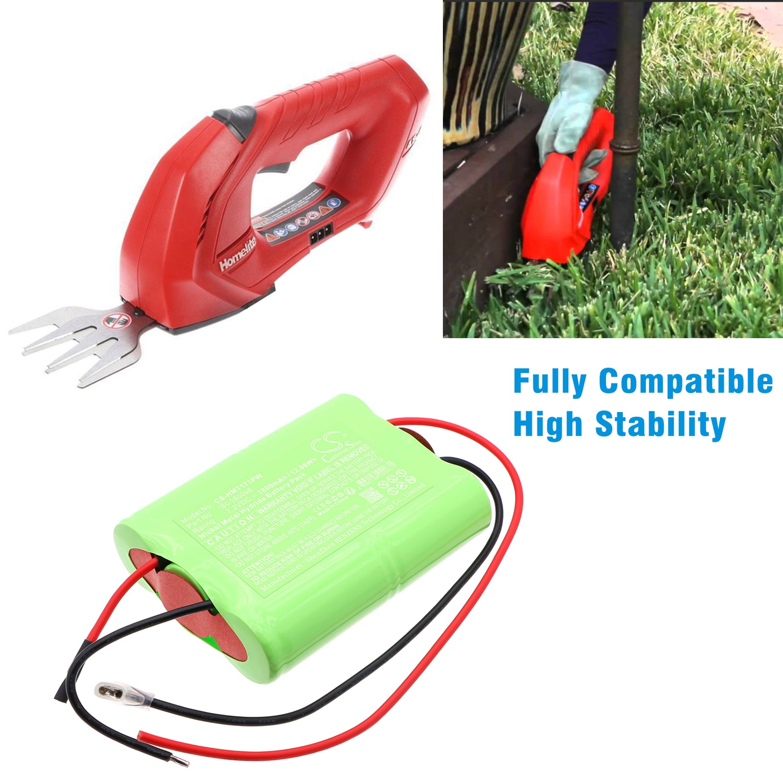 7.2V, Ni-MH, 1800mAh, Battery fits Homelite cordless Shear UT44171, cordless Shear UT44176, 12.96Wh Gardening Tools Cameron Sino Technology Limited