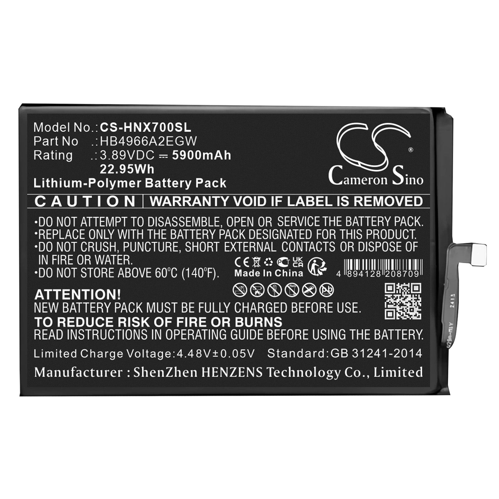 3.89V, Li-Polymer, 5900mAh, Battery fits Honor X7B, CLK-LX1, 22.95Wh Mobile, SmartPhone Cameron Sino Technology Limited