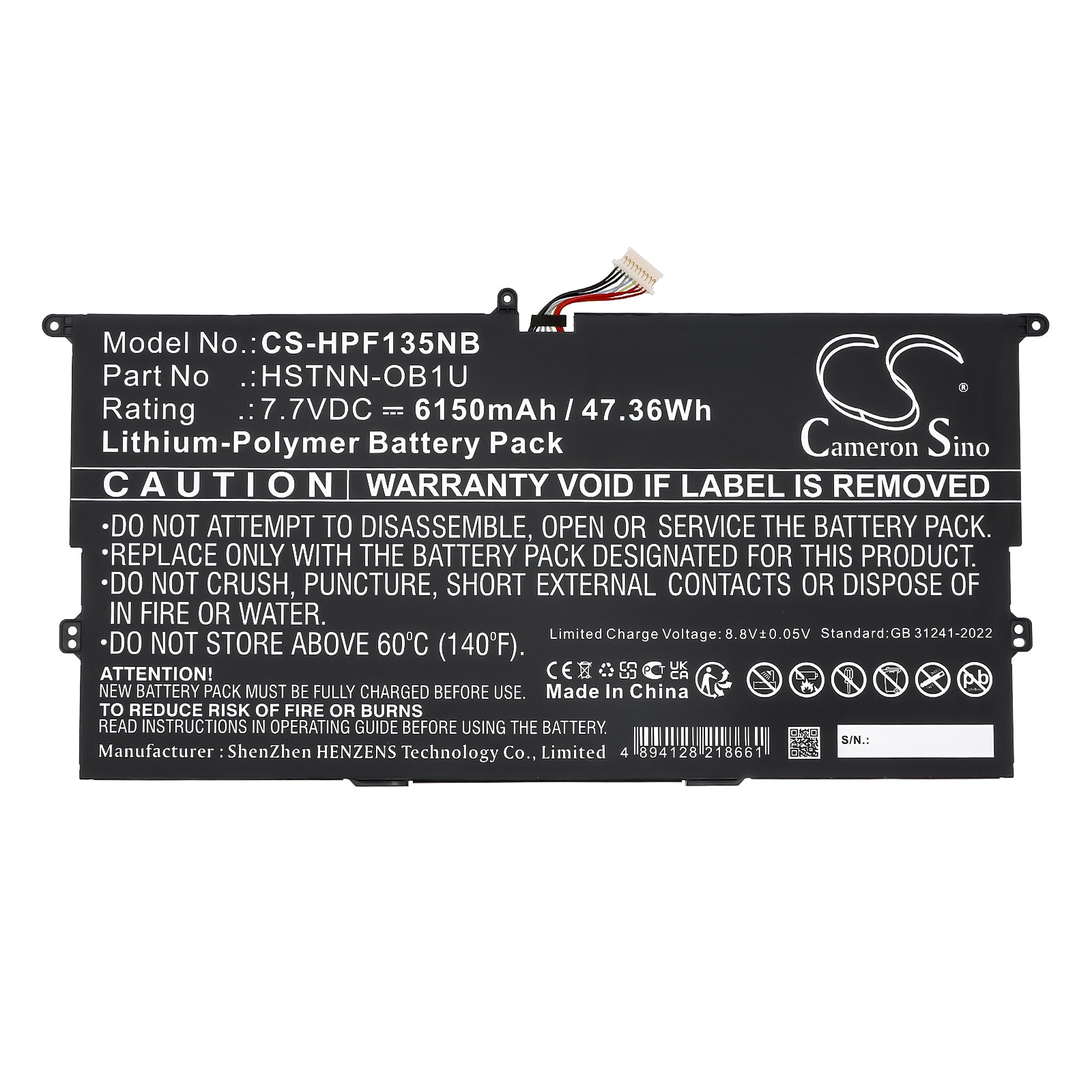 7.7V, Li-Polymer, 6150mAh, Battery fits HP Elite Folio 13.5 inch 2-in-1, 47.36Wh Notebook, Laptop Cameron Sino Technology Limited