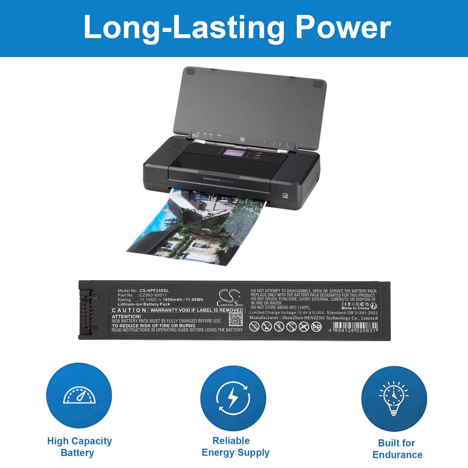 11.1V, Li-ion, 1050mAh, Battery fits HP HP OfficeJet 200 Mobile Printer, OfficeJet 250 Mobile Printer, 11.66Wh Printer Cameron Sino Technology Limited