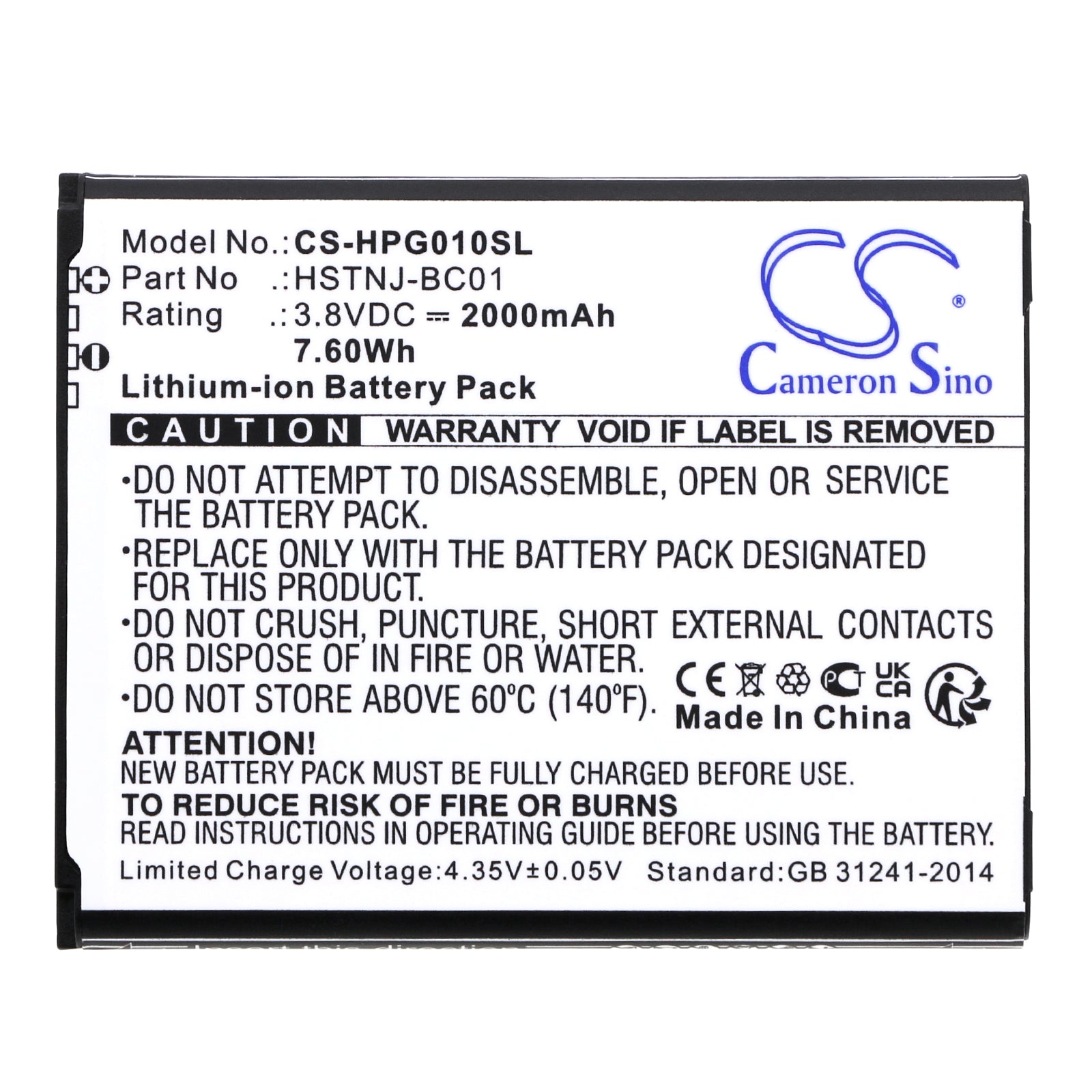 Li-ion, Calculator Battery fits Hp Prime Graphing Calculator, Rmn Hstnj-bc01, 3.8V, 2000mAh Calculator Cameron Sino Technology Limited
