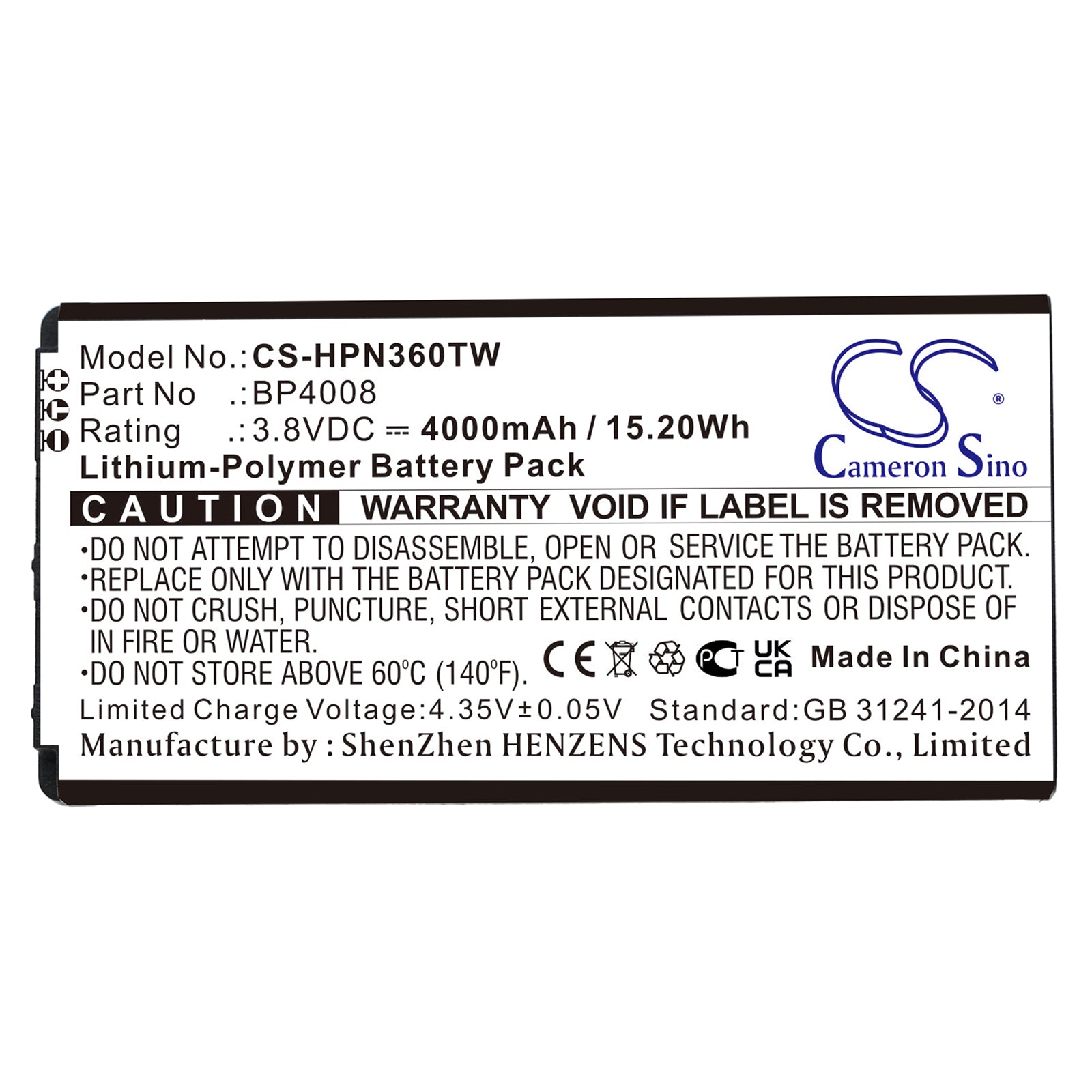 Li-Polymer, Two-Way Radio Battery fits Hytera Pnc360, Pnc360s, 3.8V, 4000mAh Two-Way Radio Cameron Sino Technology Limited