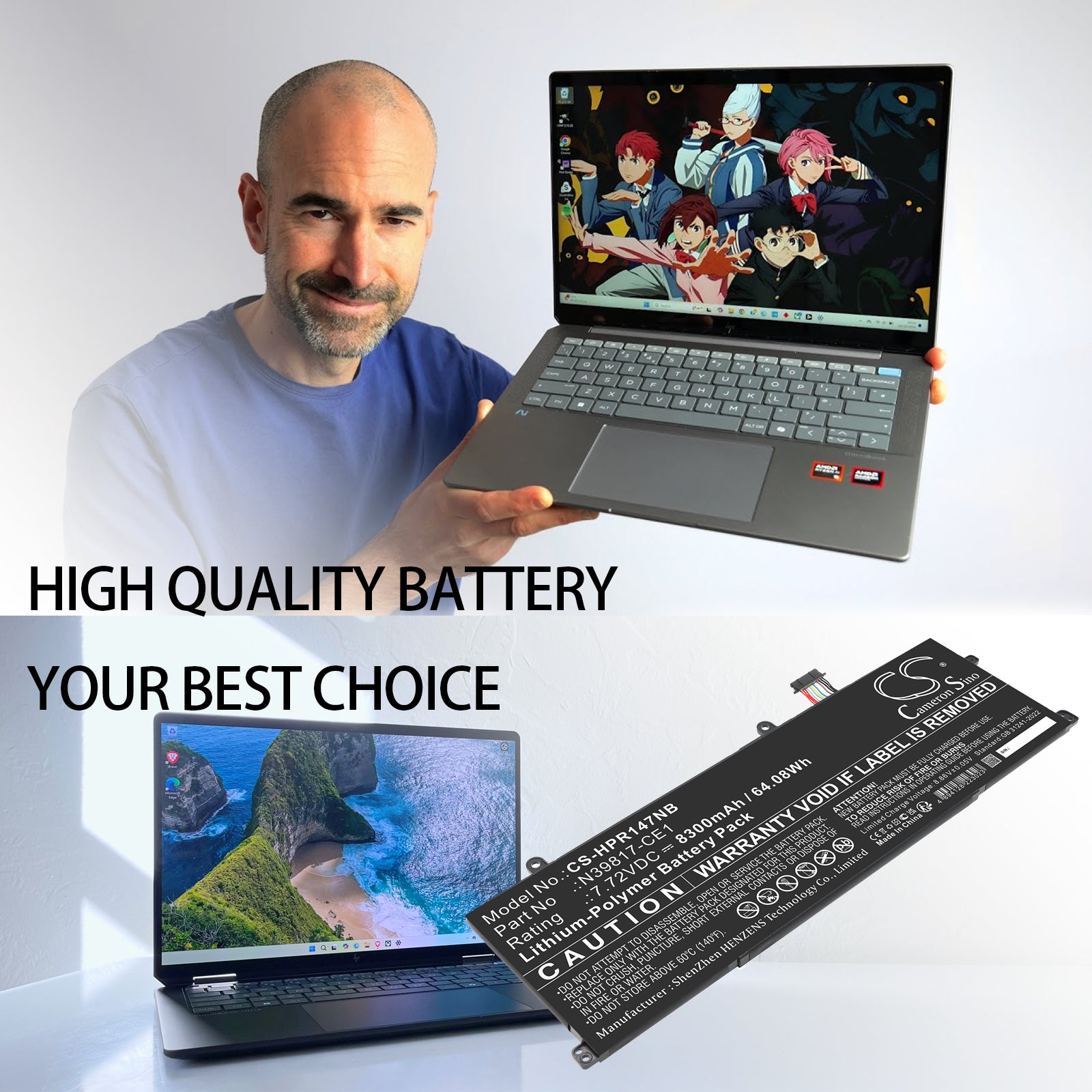 7.72V, Li-Polymer, 8300mAh, Battery fits HP Book pro 16, Envy x360 2-in-1 16-ad0097nr, 64.08Wh Notebook, Laptop Cameron Sino Technology Limited