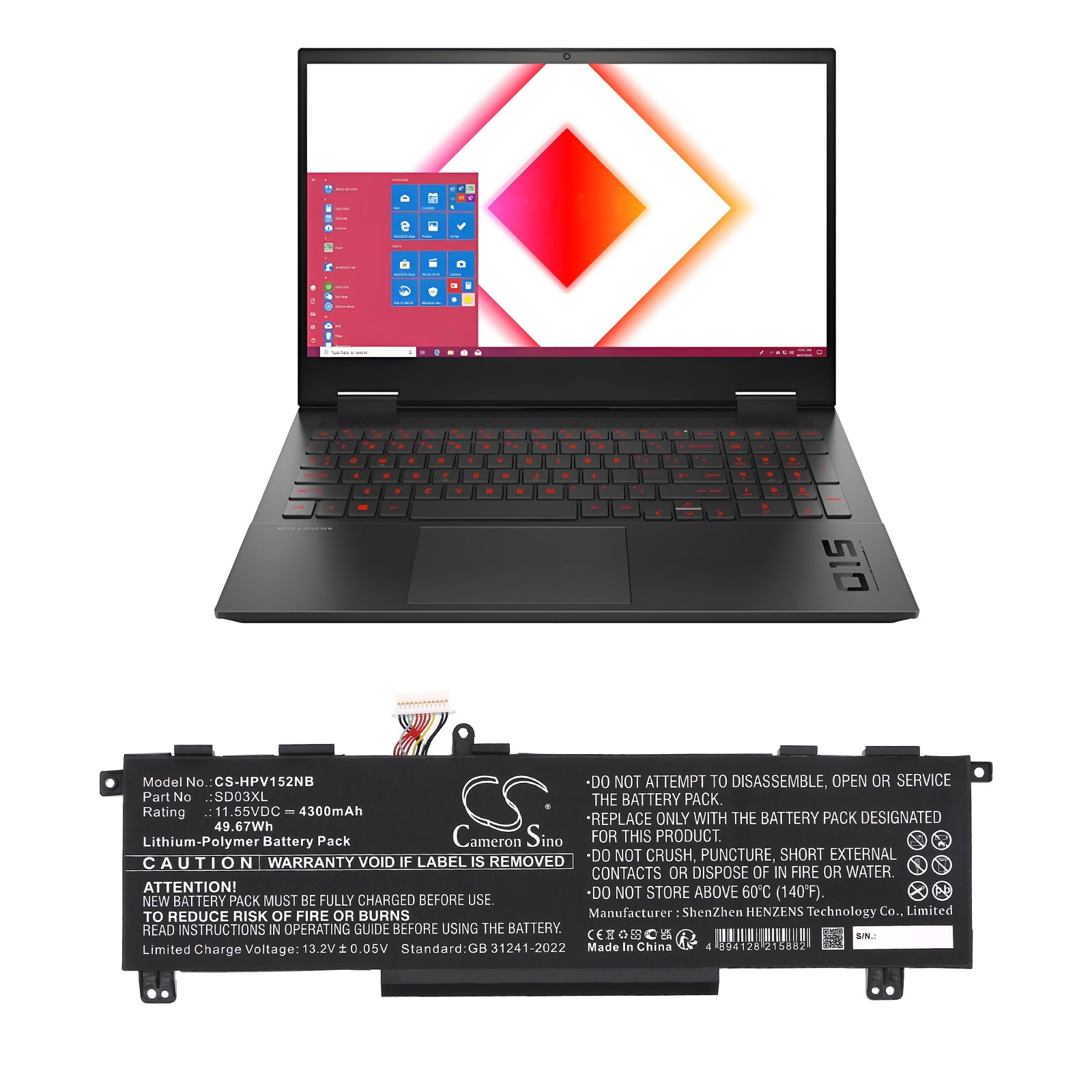 11.55V, Li-Polymer, 4300mAh, Battery fits HP Omen 15-EK0009TX, Omen 15-EK0010TX, 49.67Wh Notebook, Laptop Cameron Sino Technology Limited