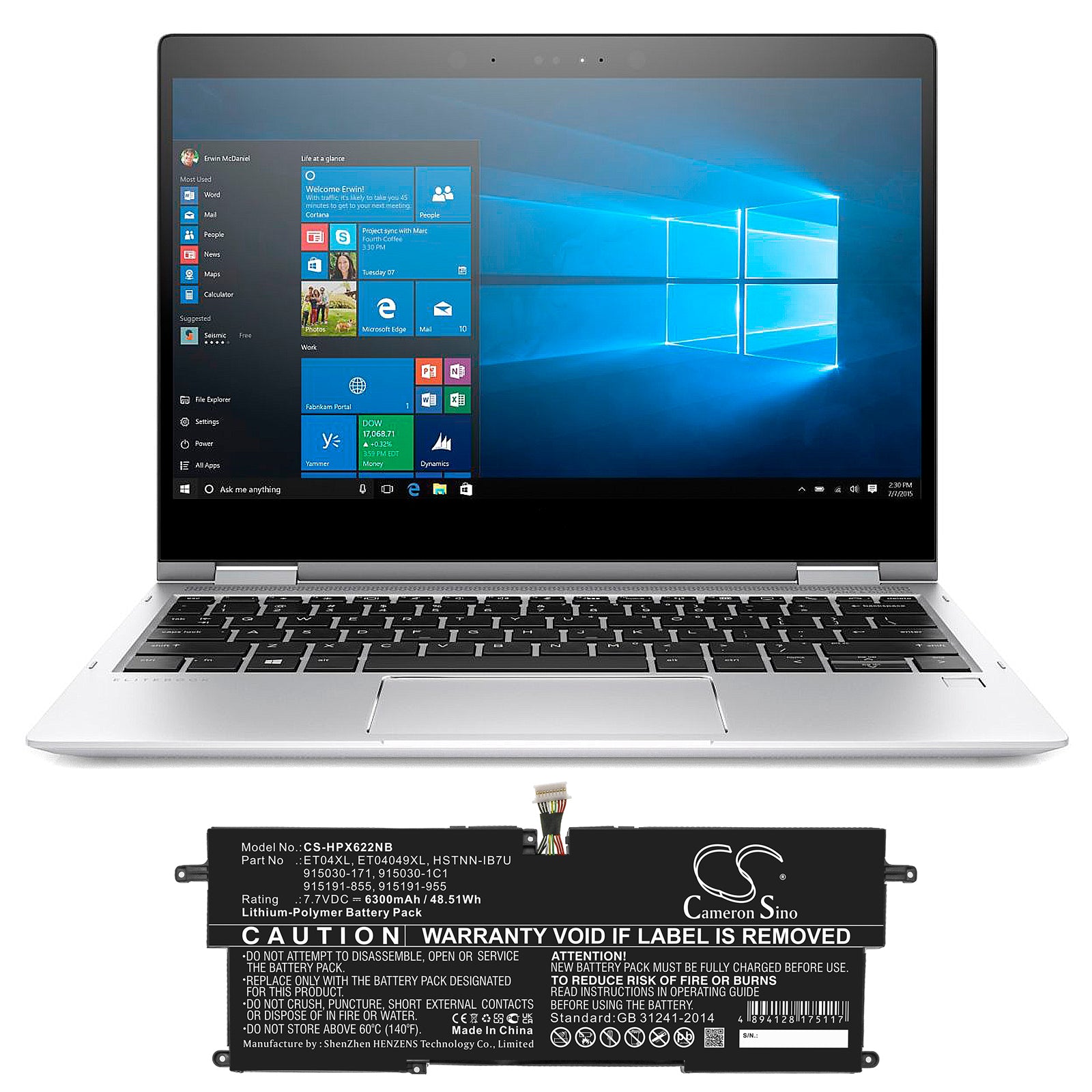 Li-Polymer, Notebook, Laptop Battery fits Hp E Litebook X360 1020 G2-1em62e, Elitebook X360 1020 G2(1ep69ea, 7.7V, 6300mAh Notebook, Laptop Cameron Sino Technology Limited
