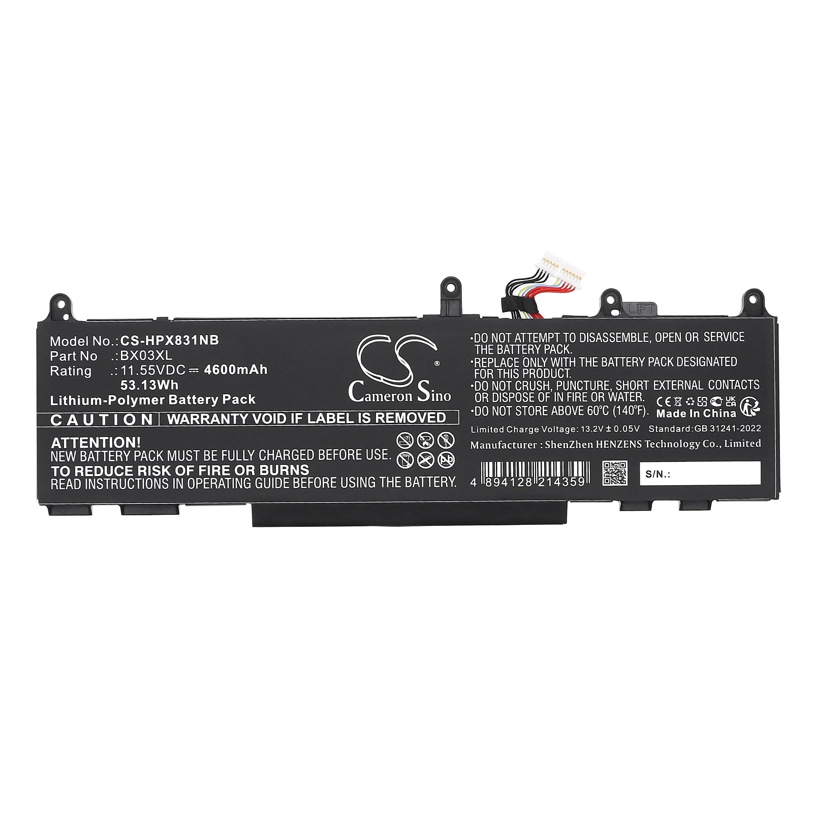 11.55V, Li-Polymer, 4600mAh, Battery fits HP Elite X360 830 G11 2 In 1, Elite X360 830 G11 2 In 1 8L3M9AV, 53.13Wh Notebook, Laptop Cameron Sino Technology Limited