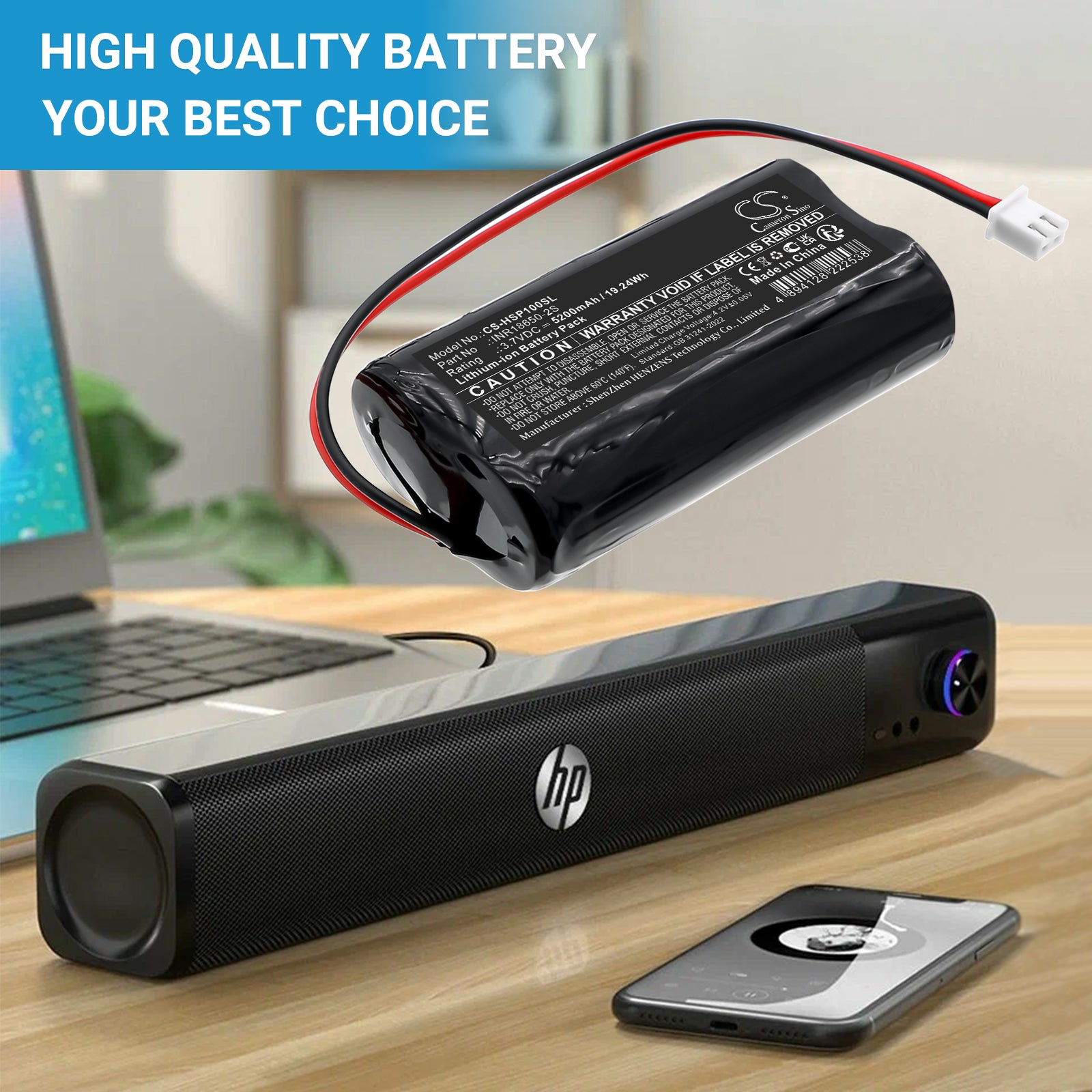 3.7V, Li-ion, 5200mAh, Battery fits HP WS10 Pro Speaker, 19.24Wh Speaker Cameron Sino Technology Limited