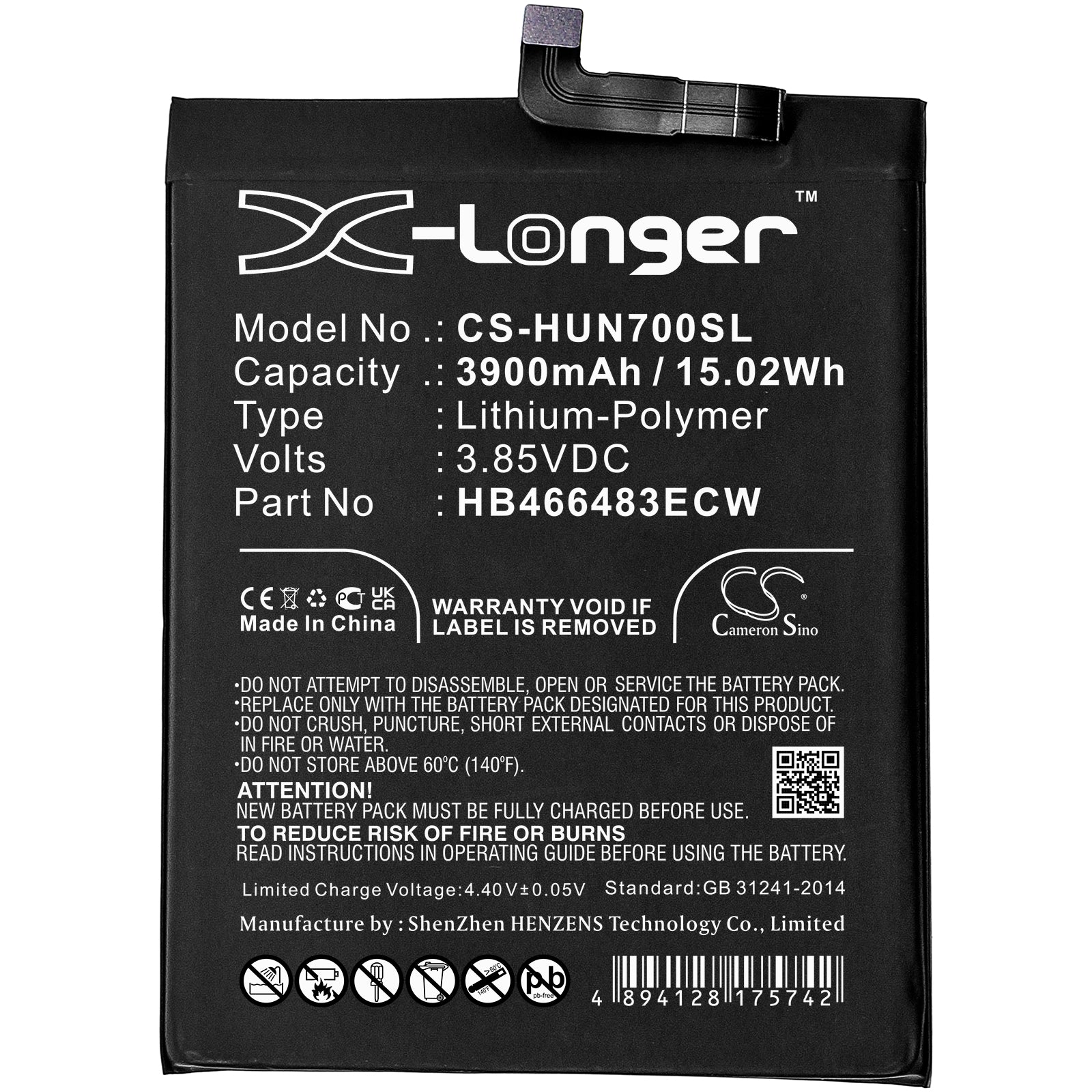 Li-Polymer, Mobile, SmartPhone Battery fits Huawei Jef-an00, Jef-an20, 3.85V, 3900mAh Mobile, SmartPhone Cameron Sino Technology Limited