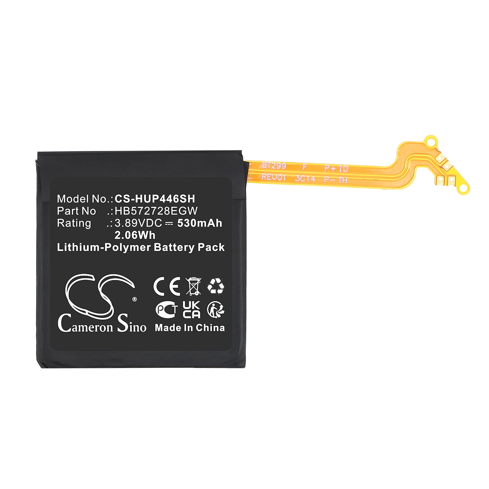 3.89V, Li-Polymer, 530mAh, Battery fits Huawei PNX-B19, Watch GT4 46mm, 2.06Wh Smartwatch Cameron Sino Technology Limited