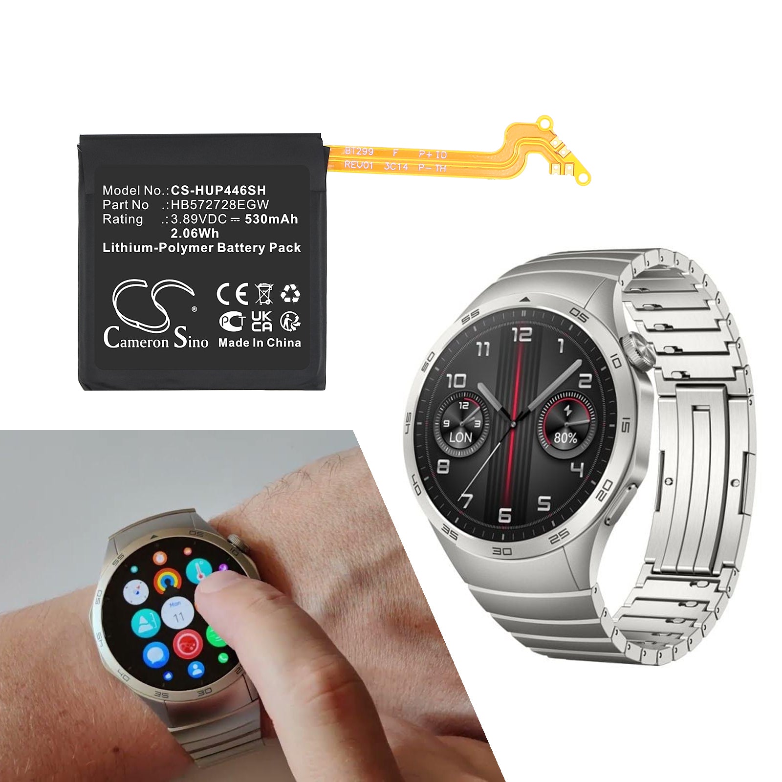 3.89V, Li-Polymer, 530mAh, Battery fits Huawei PNX-B19, Watch GT4 46mm, 2.06Wh Smartwatch Cameron Sino Technology Limited