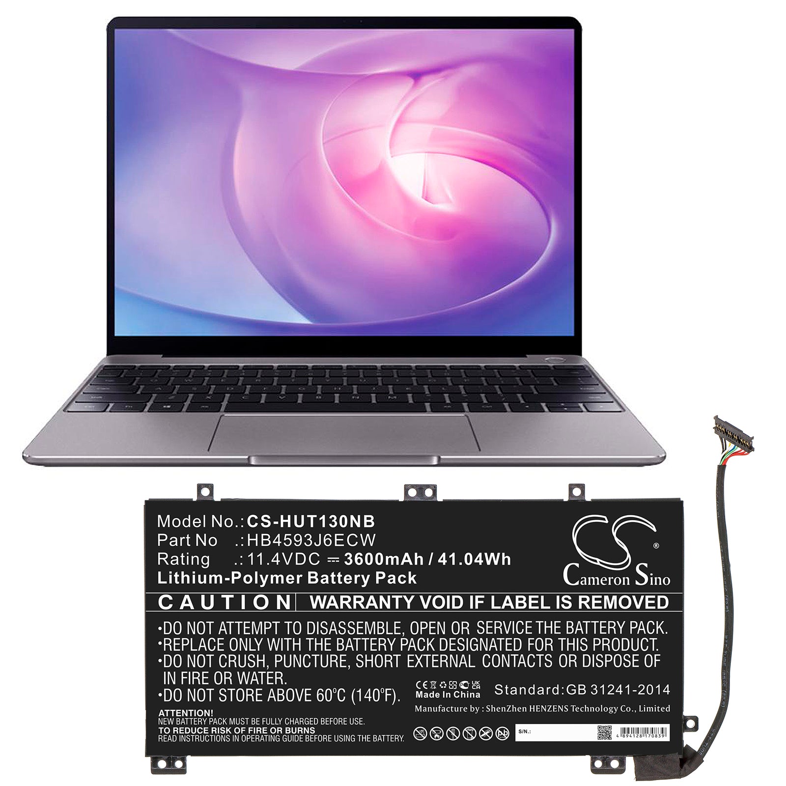 Li-Polymer, Notebook, Laptop Battery fits Huawei Matebook 13, Matebook 13 I7, 11.4V, 3600mAh Notebook, Laptop Cameron Sino Technology Limited