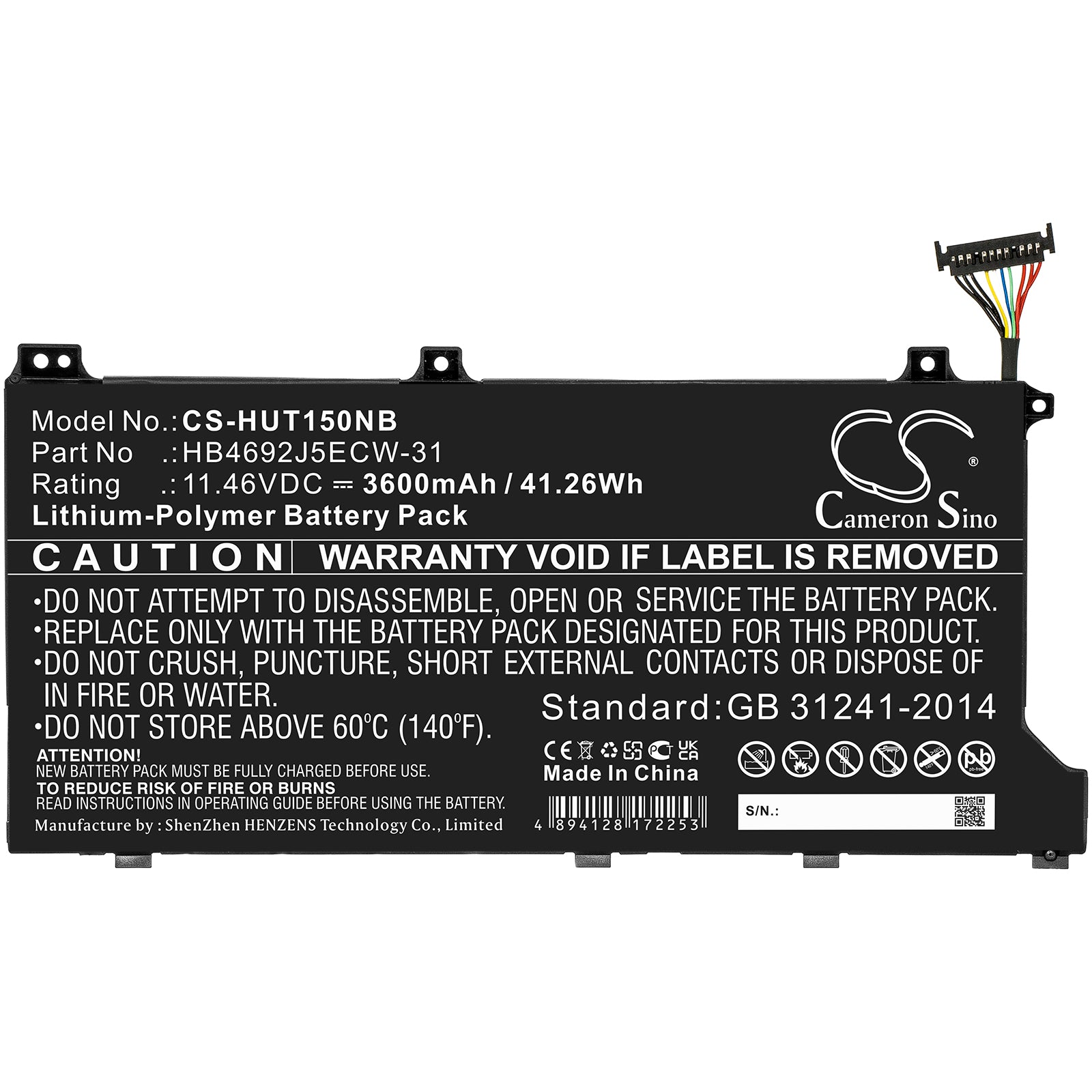 Li-Polymer, Notebook, Laptop Battery fits Huawei Hly-19r, Kpl-woob, 11.46V, 3600mAh Notebook, Laptop Cameron Sino Technology Limited