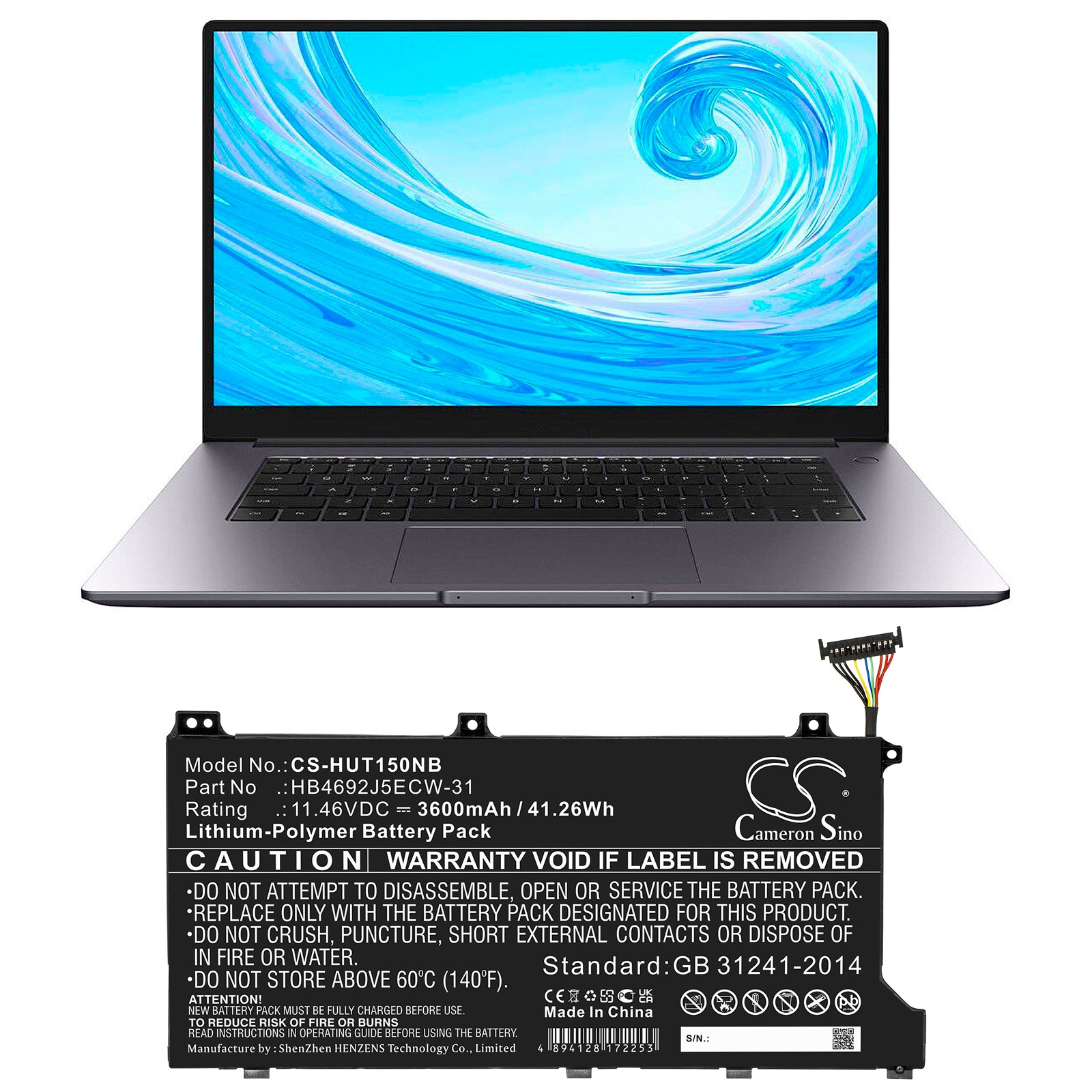 Li-Polymer, Notebook, Laptop Battery fits Huawei Hly-19r, Kpl-woob, 11.46V, 3600mAh Notebook, Laptop Cameron Sino Technology Limited