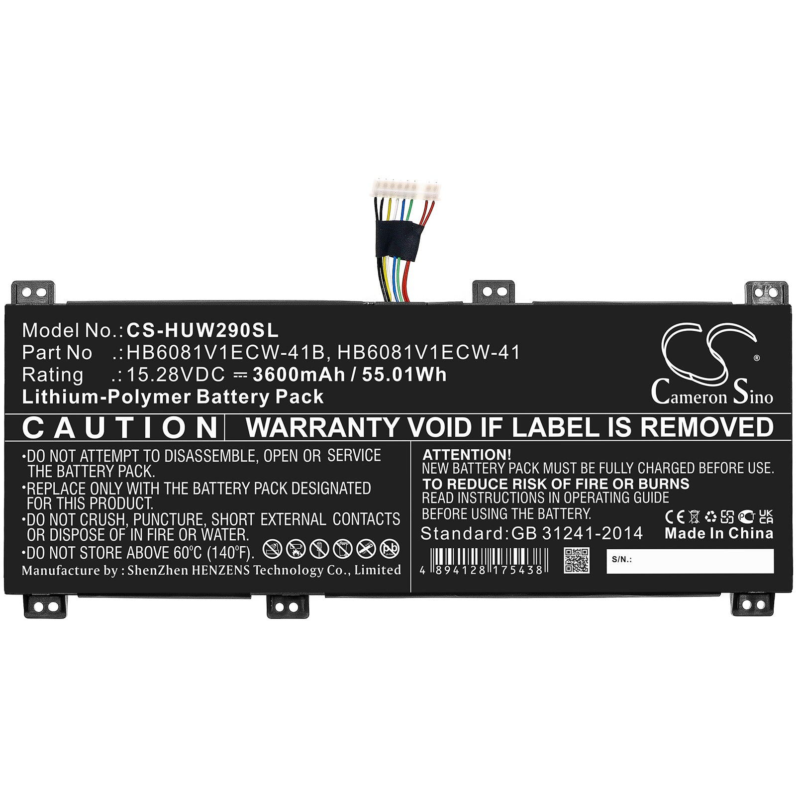 Li-Polymer, Notebook, Laptop Battery fits Huawei Hbl-w19, Hbl-w29, 15.28V, 3600mAh Notebook, Laptop Cameron Sino Technology Limited