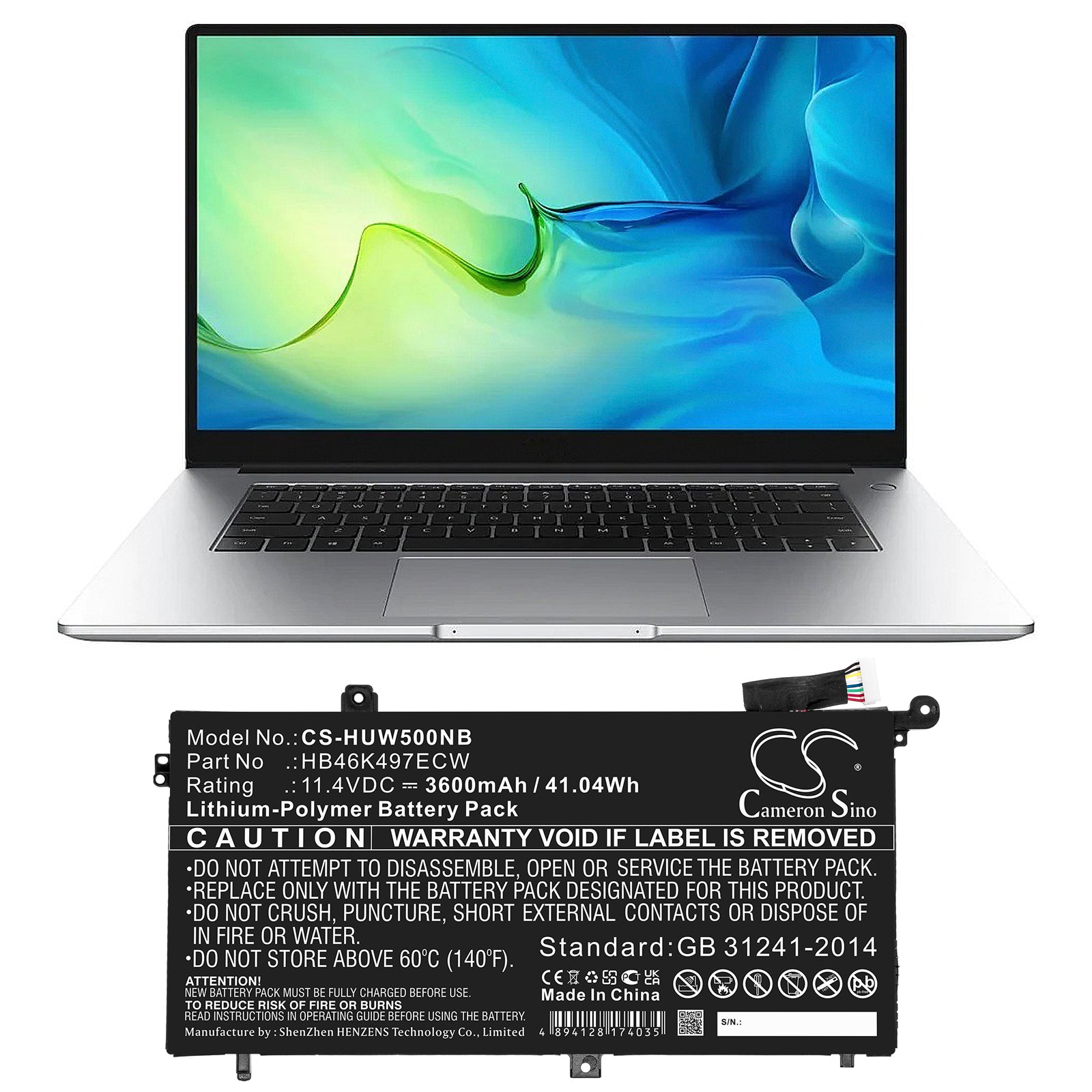 Li-Polymer, Notebook, Laptop Battery fits Huawei 53010baj, Matebook D, 11.4V, 3600mAh Notebook, Laptop Cameron Sino Technology Limited
