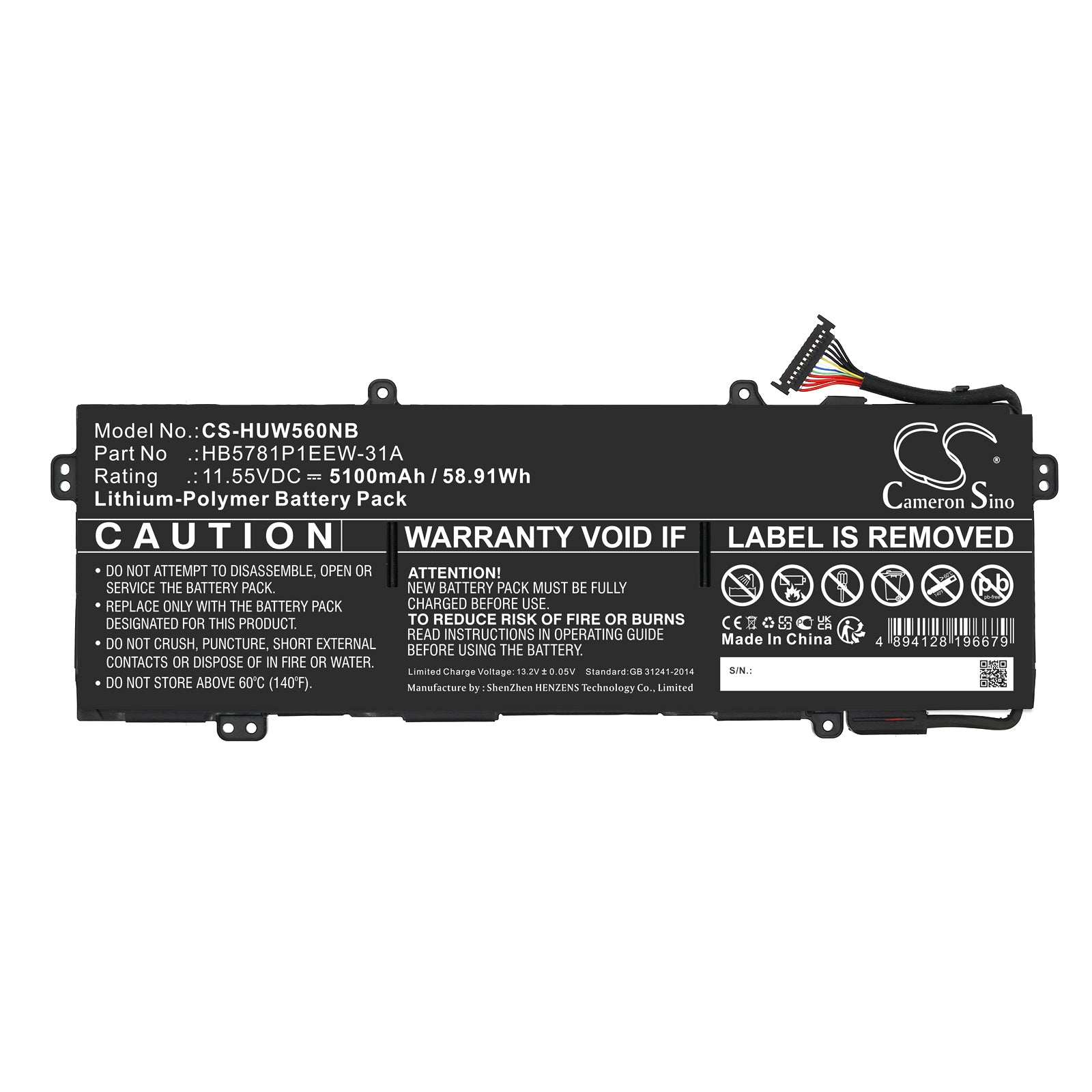 Li-Polymer, Notebook, Laptop Battery fits Huawei Emd-w76, Hkd-w56, 11.55V, 5100mAh Notebook, Laptop Cameron Sino Technology Limited