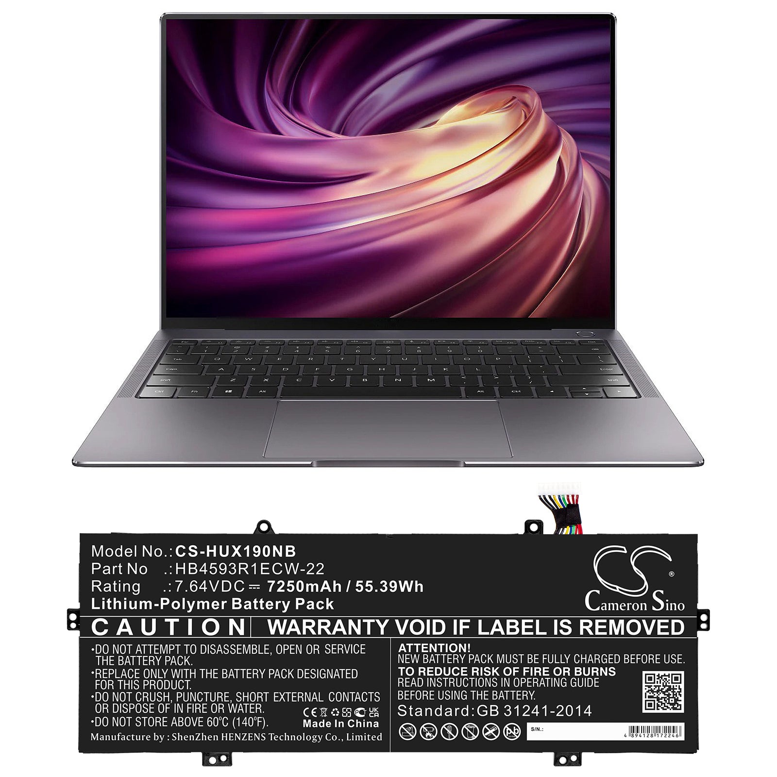 Li-Polymer, Notebook, Laptop Battery fits Huawei Mach-w19l, Matebook X Pro 2020, 7.64V, 7250mAh Notebook, Laptop Cameron Sino Technology Limited