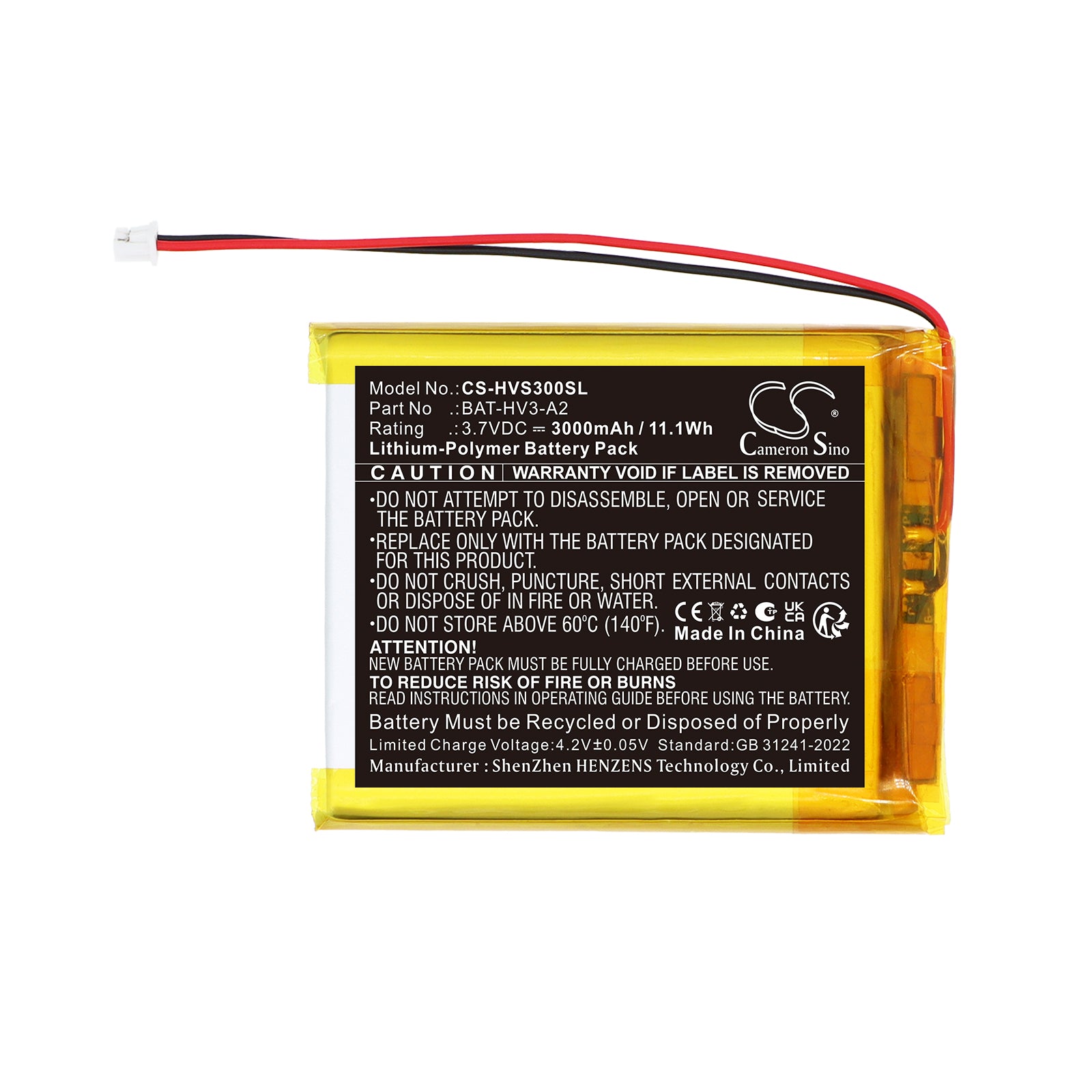 3.7V, Li-Polymer, 3000mAh, Battery fits HeimVision Soothe 3 baby monitor, 11.1Wh BabyPhone Cameron Sino Technology Limited