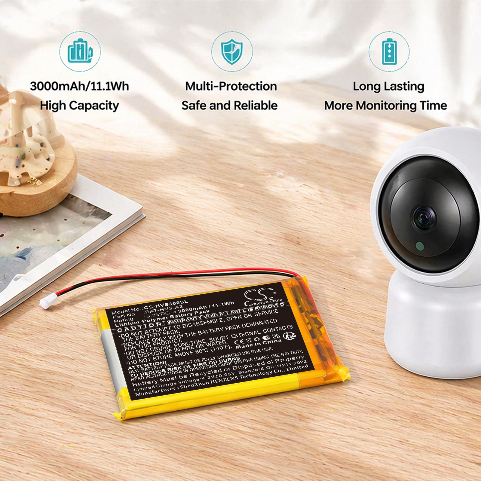 3.7V, Li-Polymer, 3000mAh, Battery fits HeimVision Soothe 3 baby monitor, 11.1Wh BabyPhone Cameron Sino Technology Limited