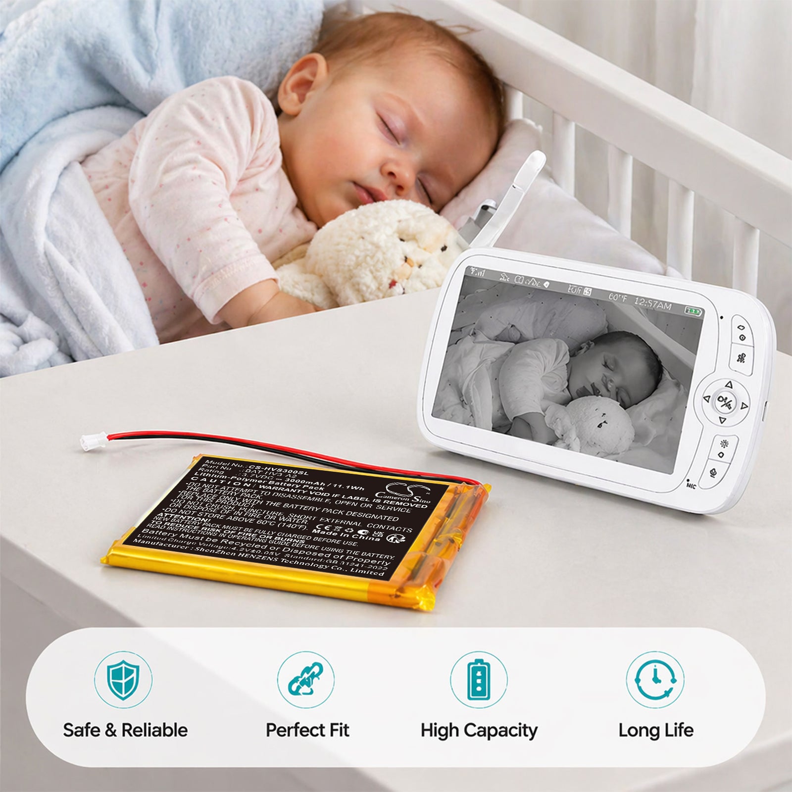 3.7V, Li-Polymer, 3000mAh, Battery fits HeimVision Soothe 3 baby monitor, 11.1Wh BabyPhone Cameron Sino Technology Limited