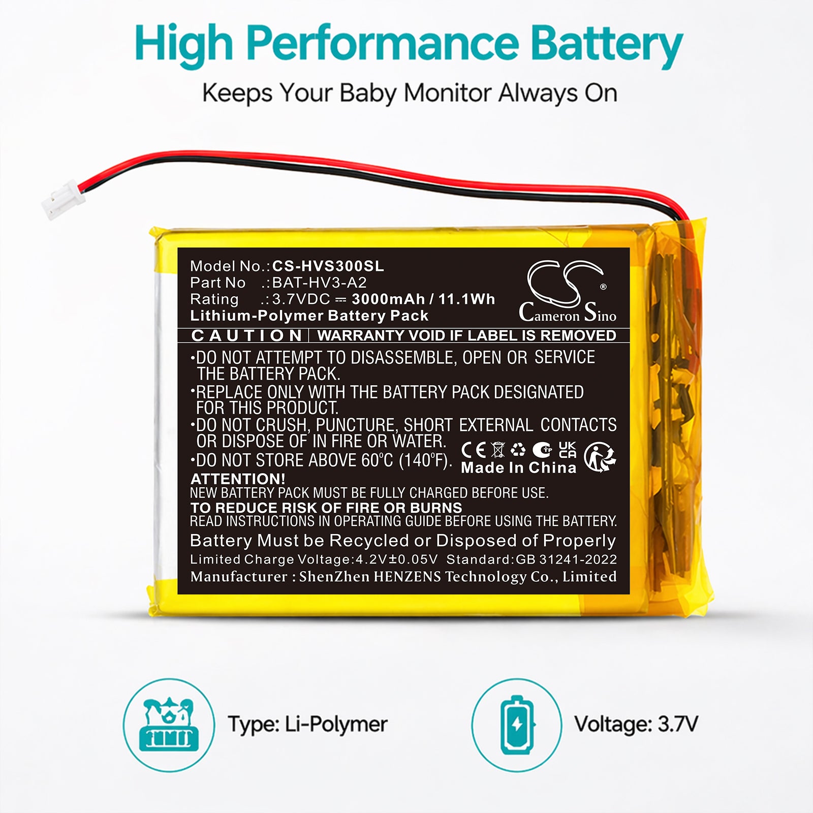 3.7V, Li-Polymer, 3000mAh, Battery fits HeimVision Soothe 3 baby monitor, 11.1Wh BabyPhone Cameron Sino Technology Limited