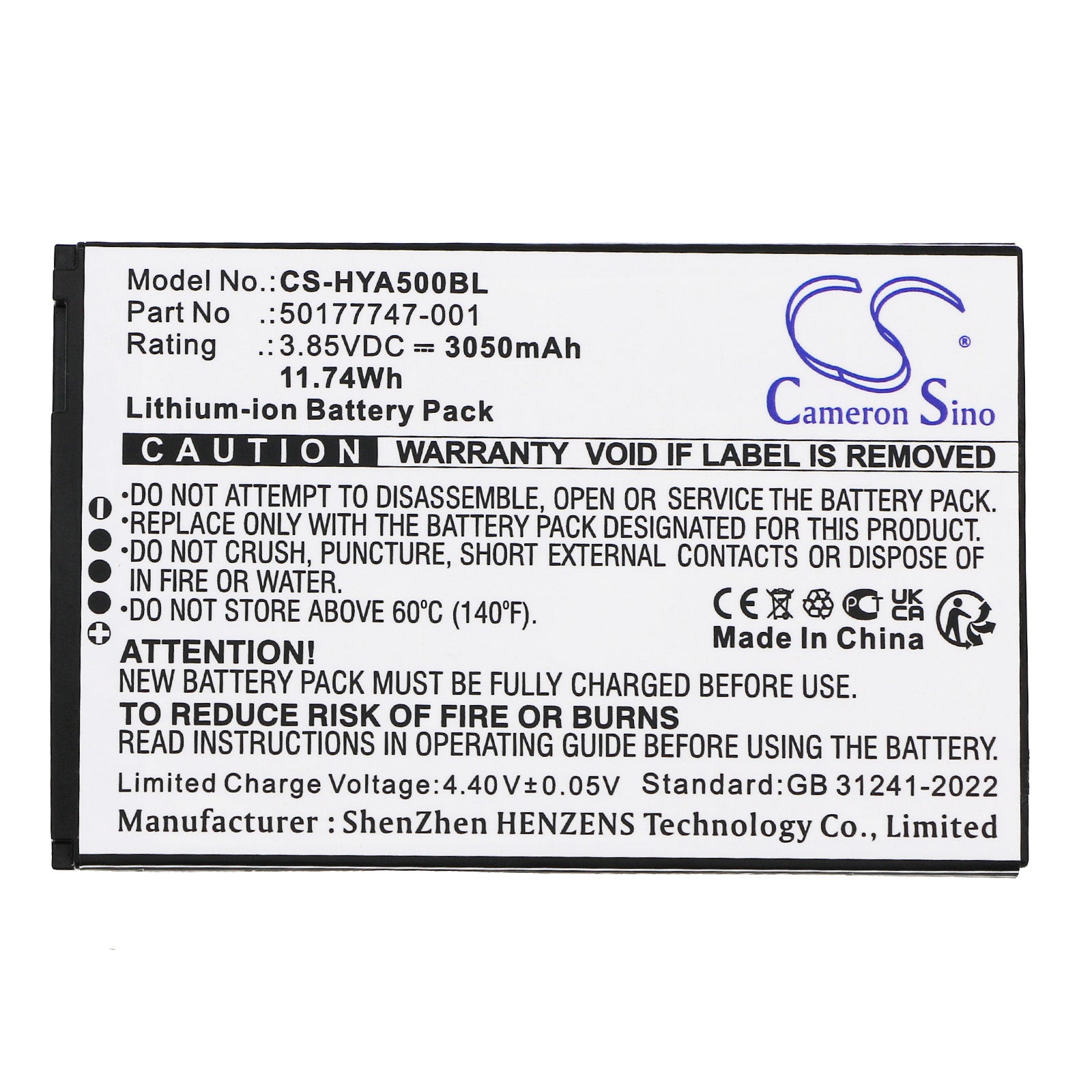 3.85V, Li-ion, 3050mAh, Battery fits Honeywell ScanPal EDA5S, 11.74Wh Barcode Scanner Cameron Sino Technology Limited