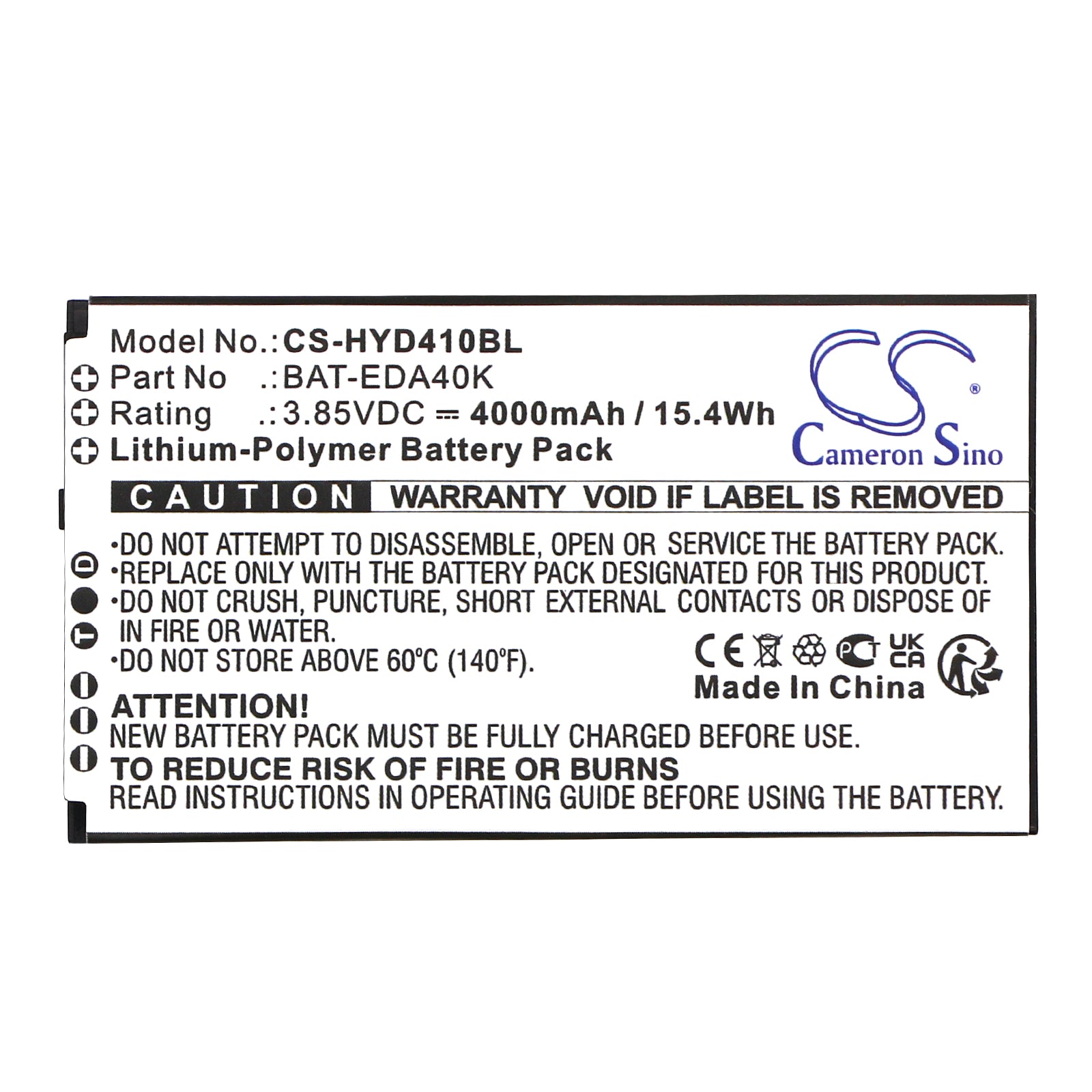 3.85V, Li-Polymer, 4000mAh, Battery fits Honeywell EDA40K, 15.4Wh Barcode Scanner Cameron Sino Technology Limited