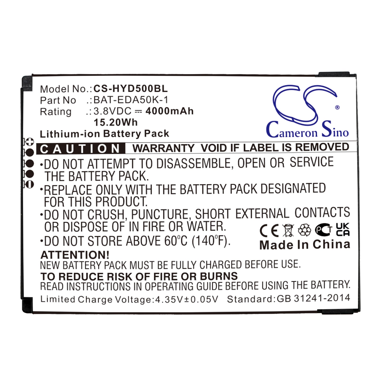 Li-ion, Barcode Scanner Battery fits Honeywell Eda50k, Scanpal 50, 3.8V, 4000mAh Barcode Scanner Cameron Sino Technology Limited