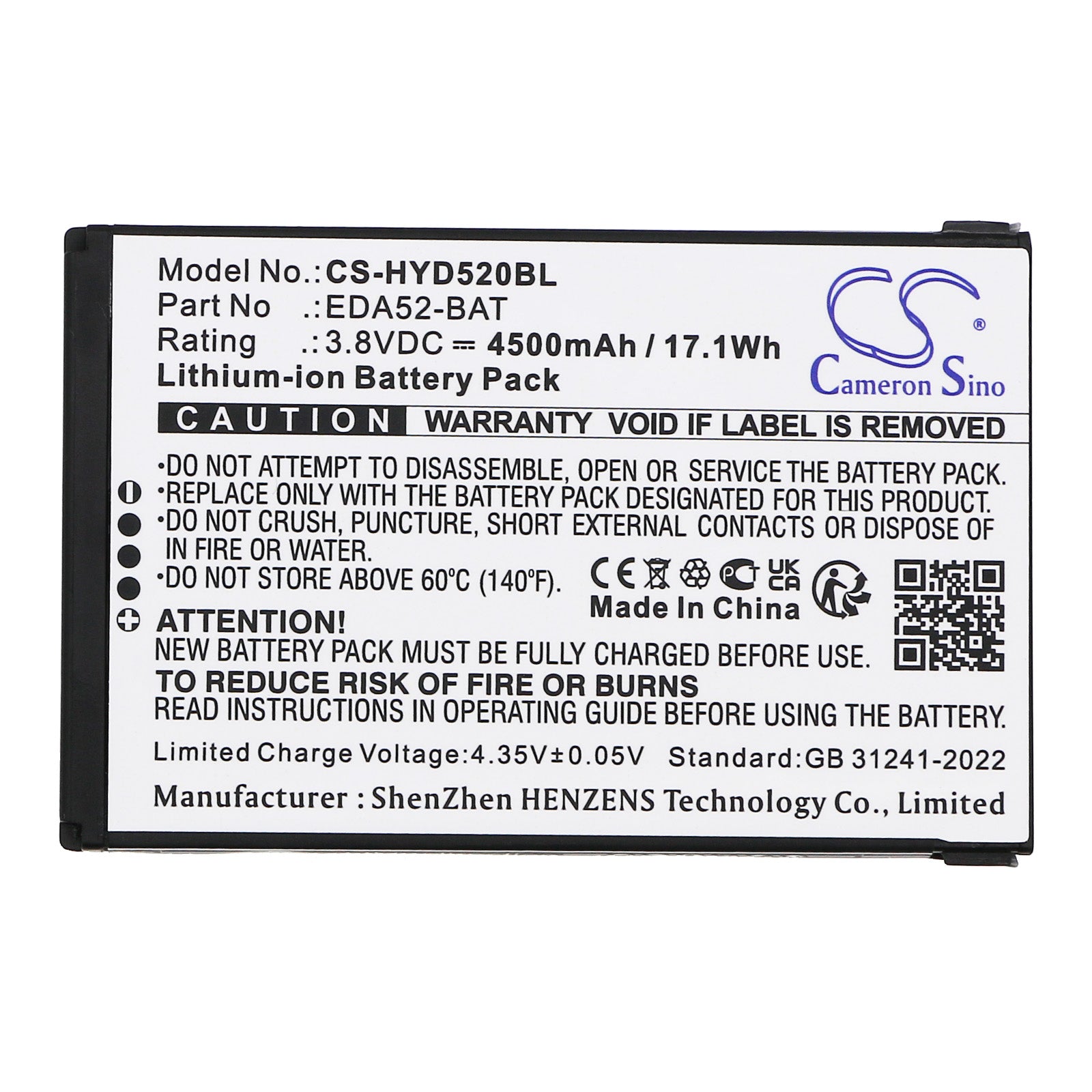 3.8V, Li-ion, 4500mAh, Battery fits Honeywell ScanPal EDA52, 17.1Wh Barcode Scanner Cameron Sino Technology Limited