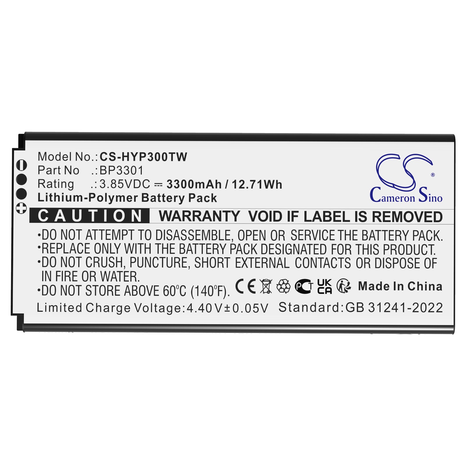 3.85V, Li-Polymer, 3300mAh, Battery fits Hytera P30, P30 PoC Rado, 12.71Wh Two-Way Radio Cameron Sino Technology Limited