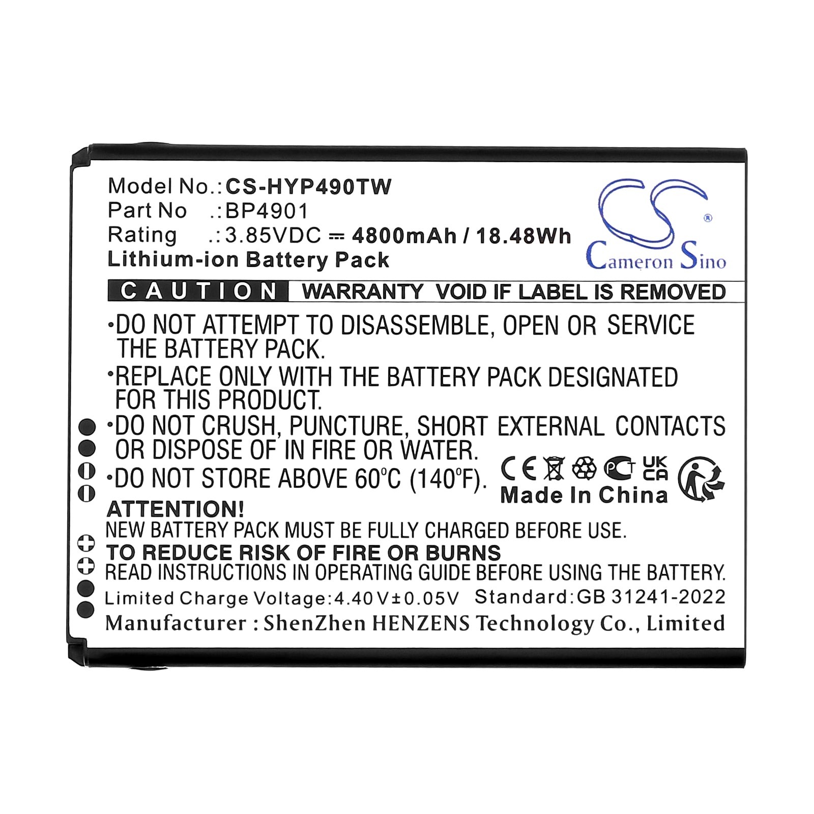 3.85V, Li-ion, 4800mAh, Battery fits Hytera PNC560, 18.48Wh Two-Way Radio Cameron Sino Technology Limited