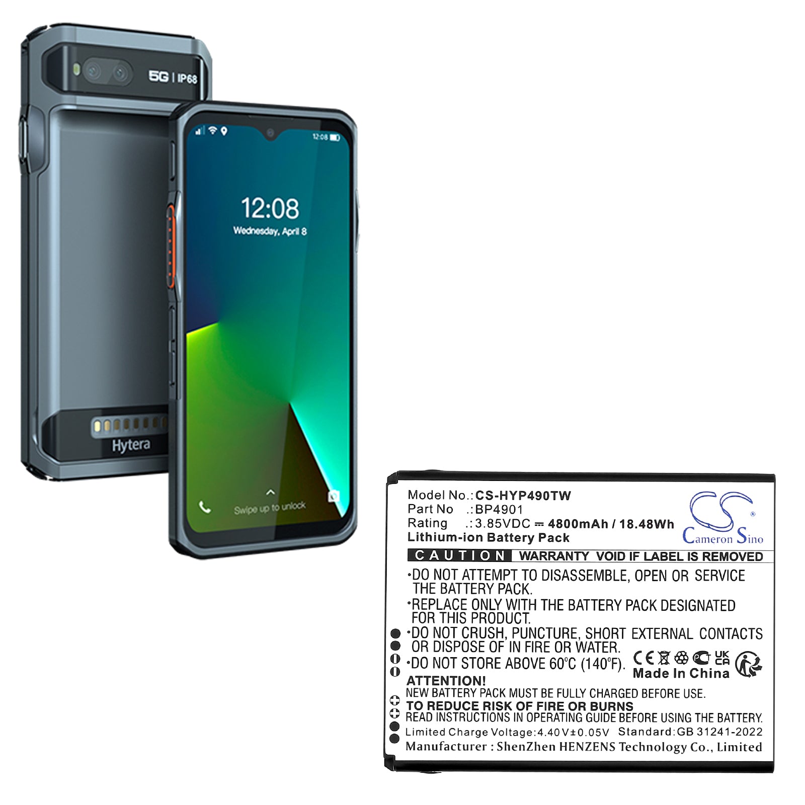 3.85V, Li-ion, 4800mAh, Battery fits Hytera PNC560, 18.48Wh Two-Way Radio Cameron Sino Technology Limited