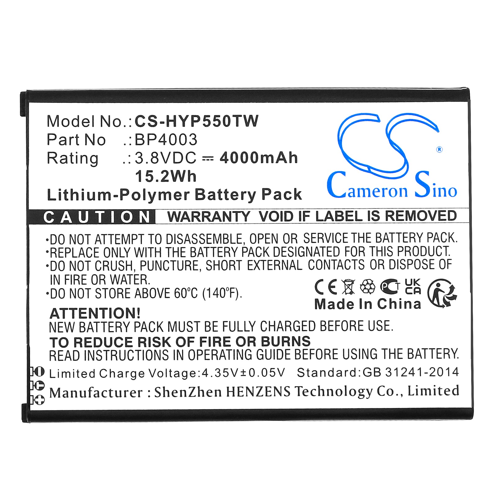 Li-Polymer, Two-Way Radio Battery fits Hytera Pcn550, 3.8V, 4000mAh Two-Way Radio Cameron Sino Technology Limited