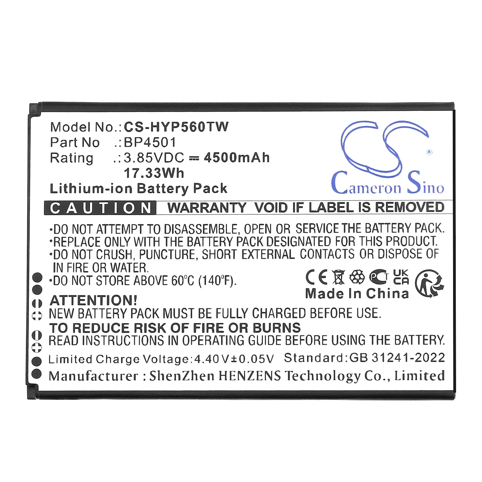 3.85V, Li-ion, 4500mAh, Battery fits Hytera PNC460, PNC460U, 17.33Wh Two-Way Radio Cameron Sino Technology Limited