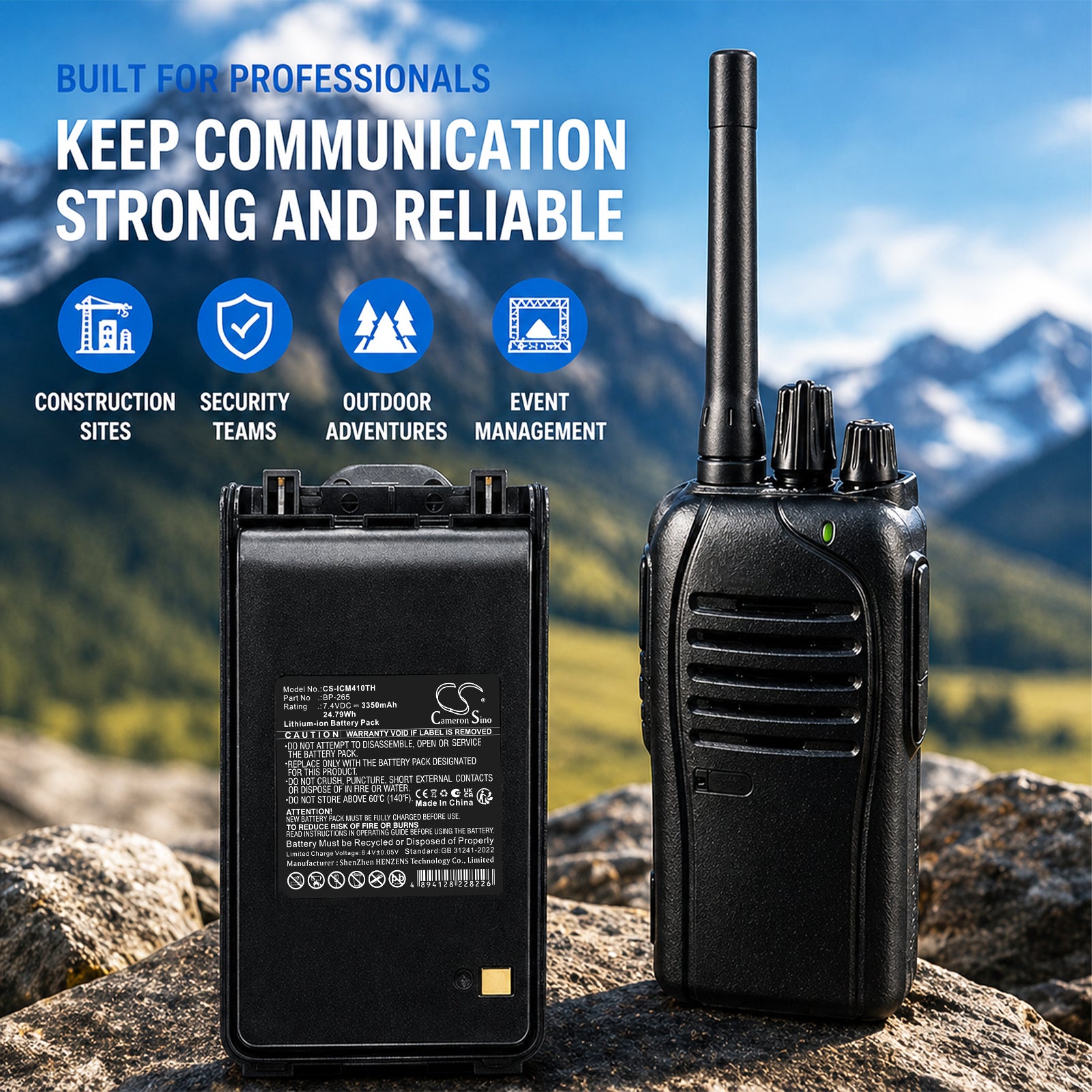 7.4V, Li-ion, 3350mAh, Battery fits Icom IC-3101, IC-4101, 24.79Wh Two-Way Radio Cameron Sino Technology Limited