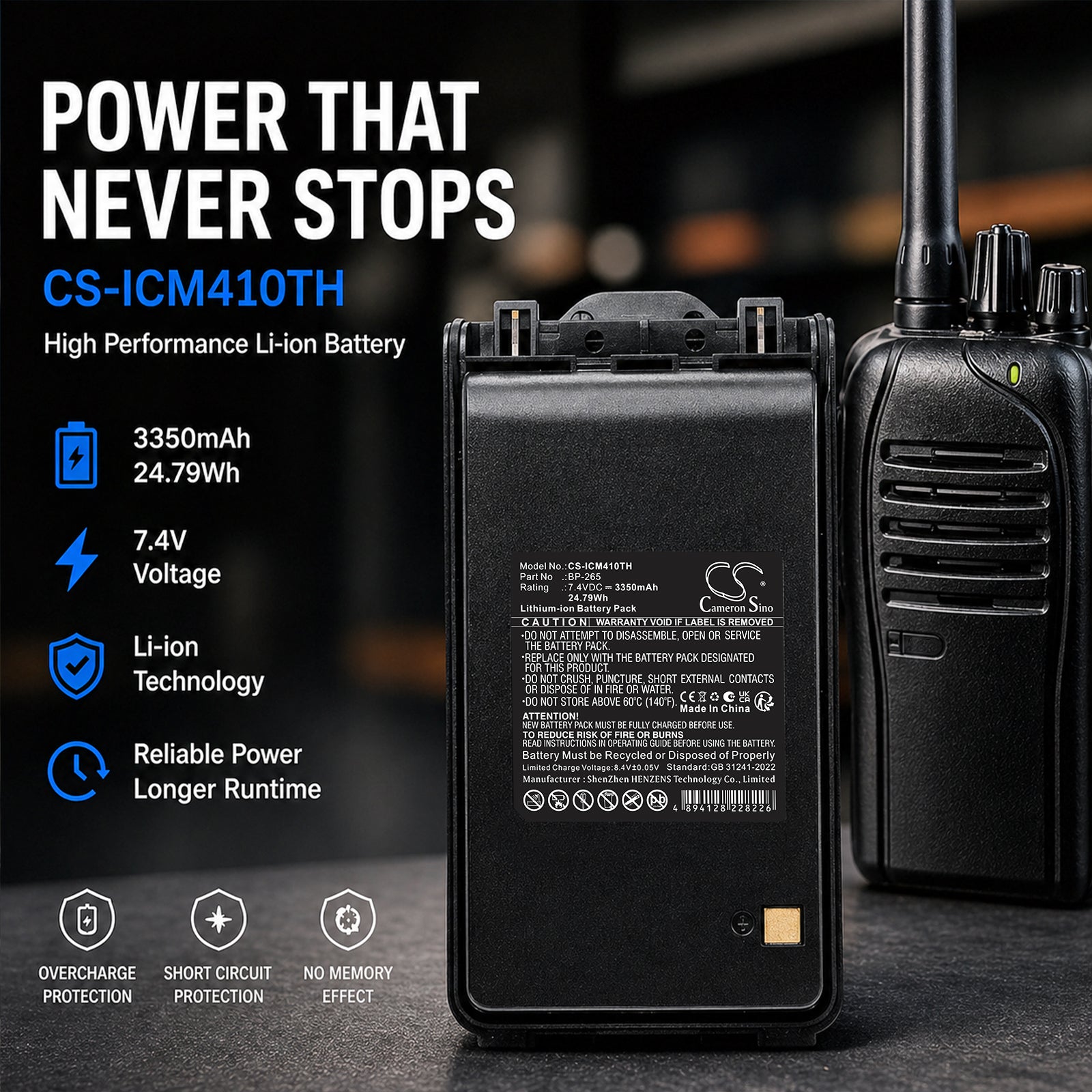 7.4V, Li-ion, 3350mAh, Battery fits Icom IC-3101, IC-4101, 24.79Wh Two-Way Radio Cameron Sino Technology Limited