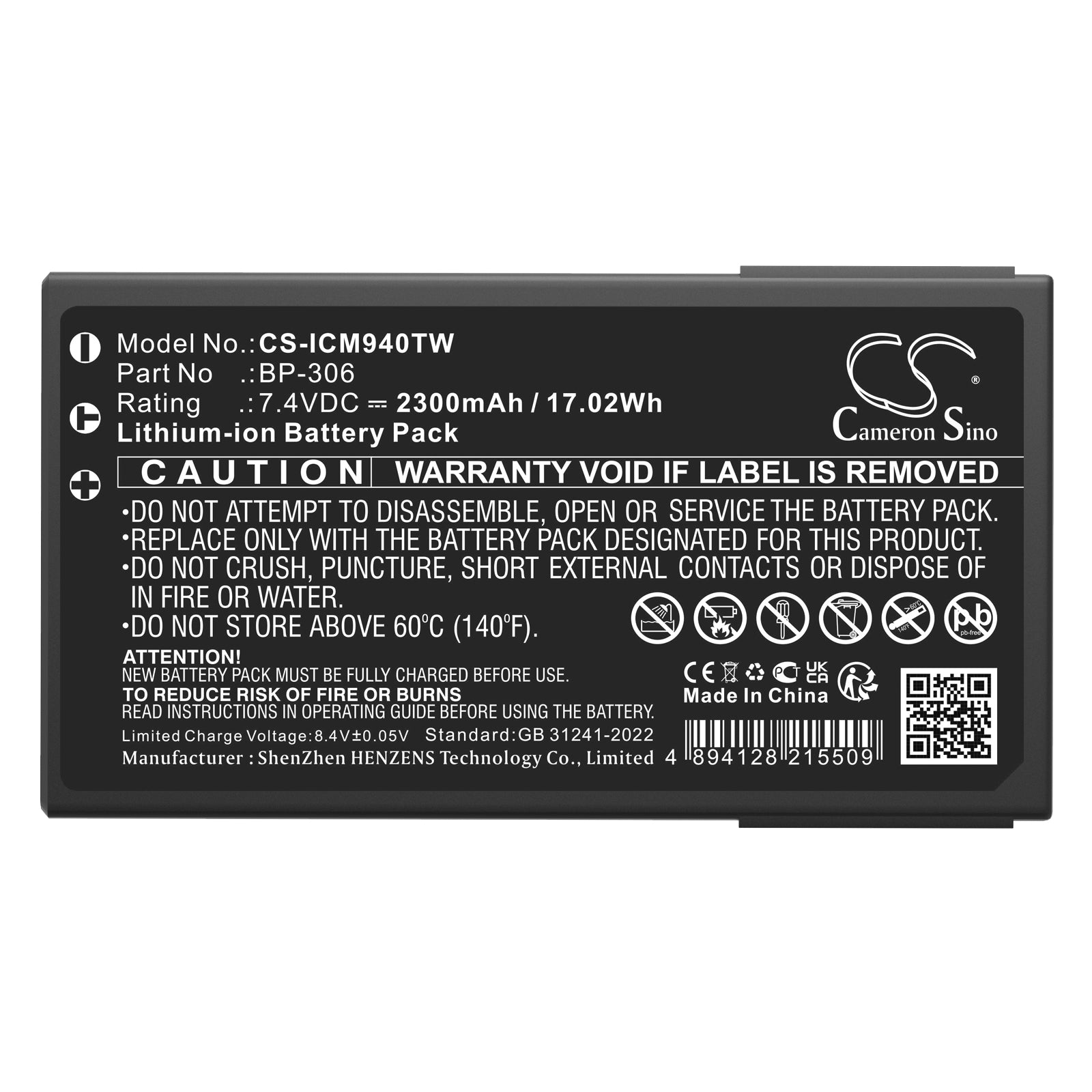 7.4V, Li-ion, 2300mAh, Battery fits Icom IC-M94D, IC-M94DE, 17.02Wh Two-Way Radio Cameron Sino Technology Limited